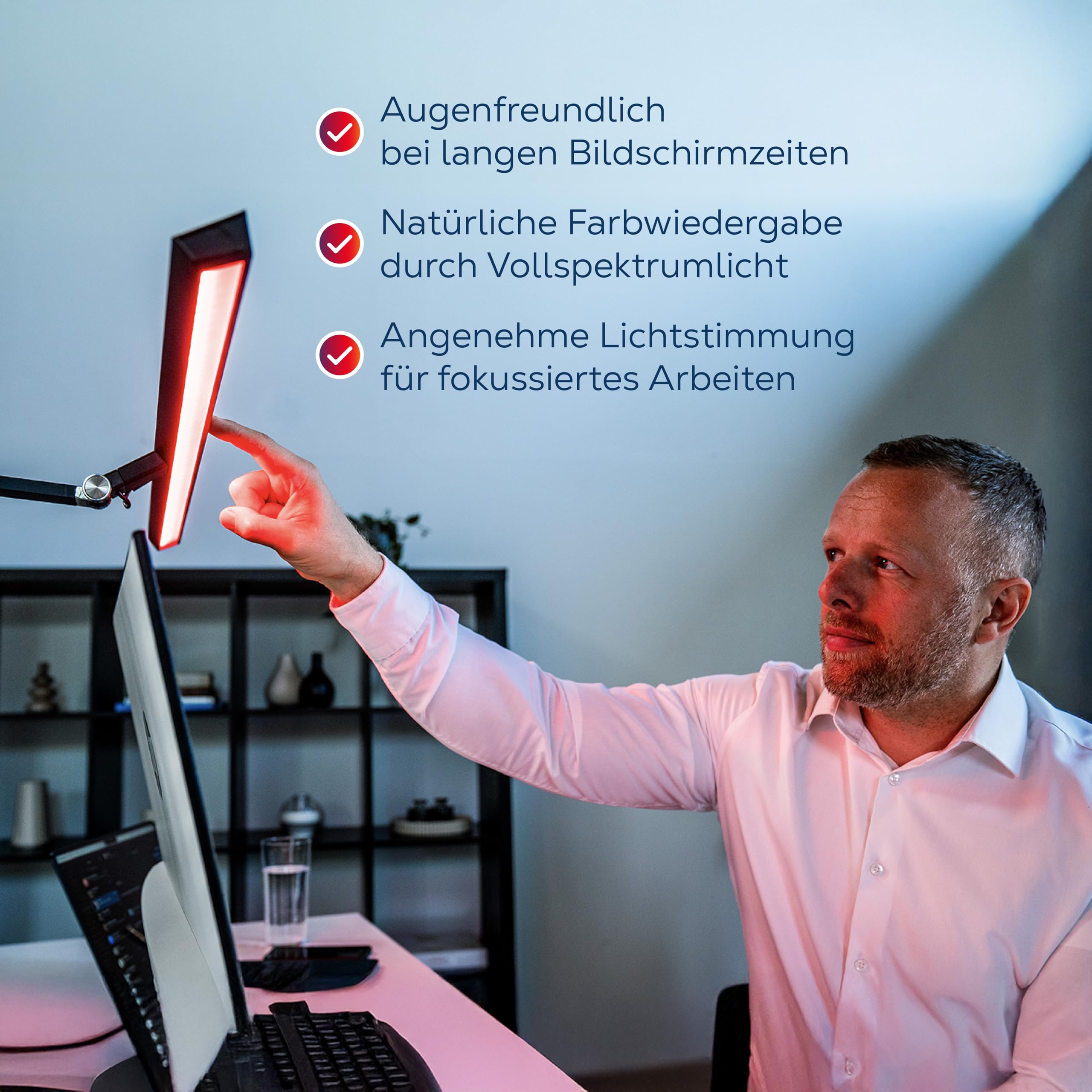 AddRed Schreibtischlampe – Augenfreundliche LED Arbeitsplatzlampe für entspanntes Arbeiten am Bildschirm – Vollspektrum Weißlicht (3000K, Ra98) & 670 nm Rotlicht