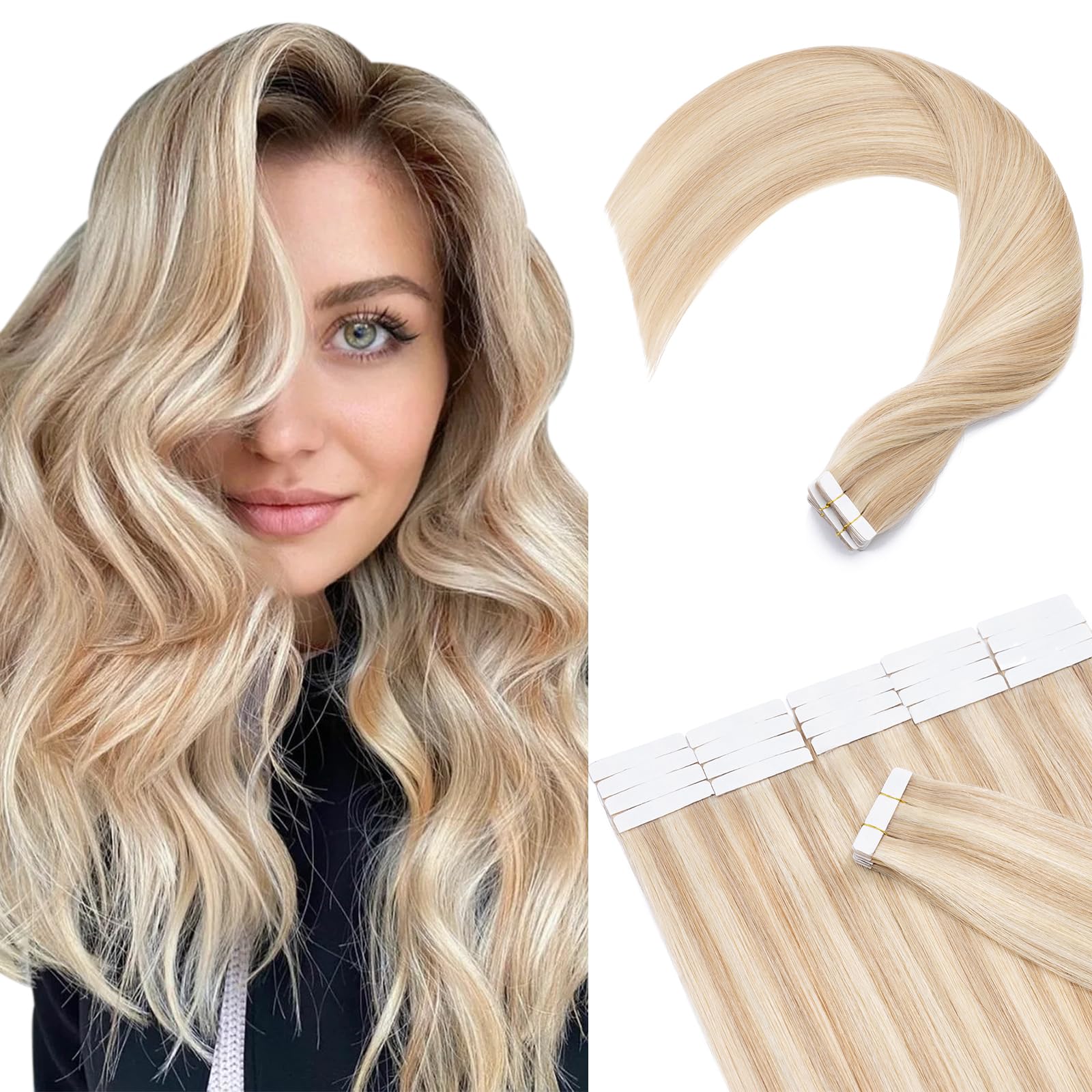 SEGOHAIR Tape in Hair Extensions Human Hair 20pcs Extensions,100% Real Remy HairPieces 16" Natural Invisible Straight with 10pcs of Hair Extension Tapes-Dark Blonde with Bleach Blonde