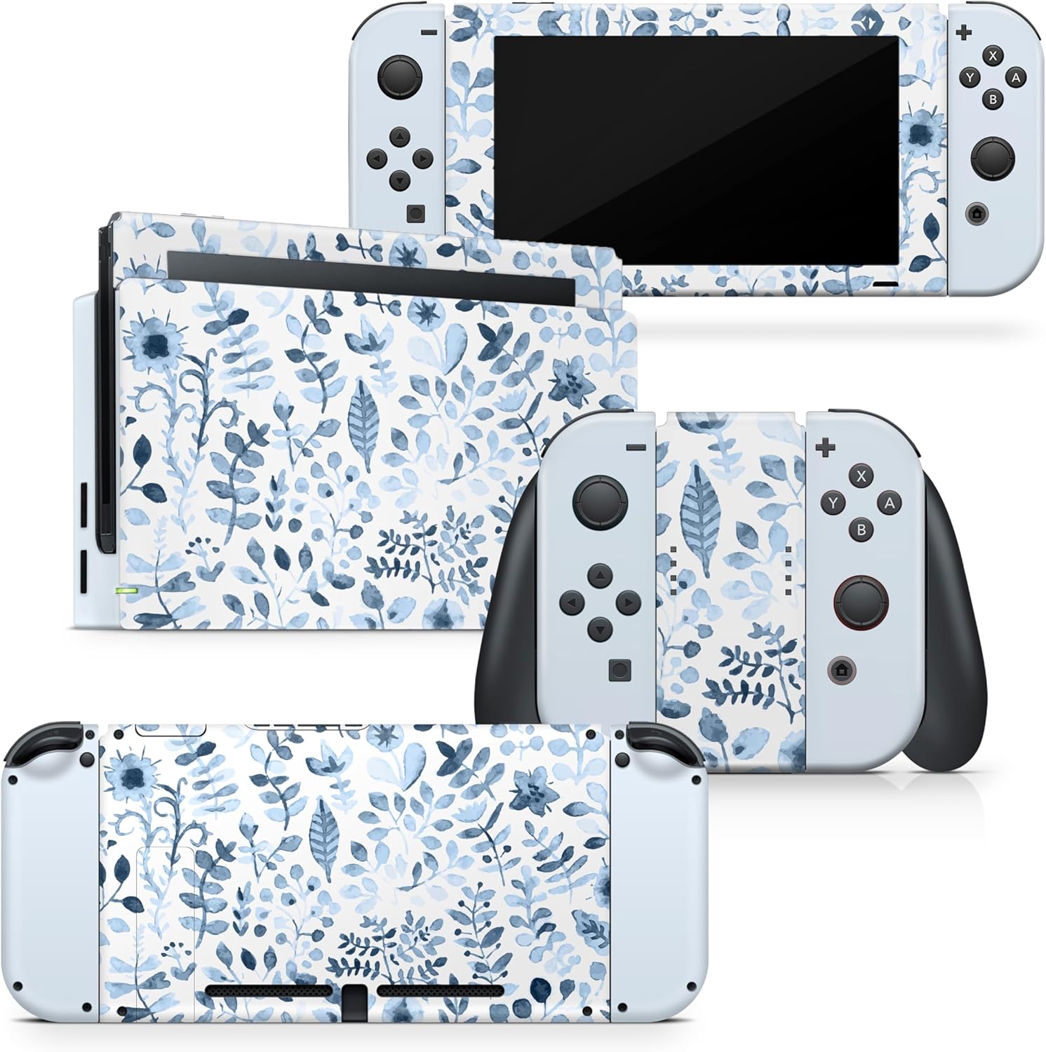 Tacky Design Flowers Skin Compatible with Nintendo Switch Skin Wrap Cover, Blue Color for Nintendo Switch Stickers, Premium Vinyl 3M Full Wrap Decal, Compatible with Joy-Con, Console, Dock.