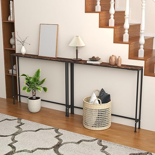 Miniatura 2 de Mesa consola estrecha de 78.7 pulgadas con toma de corriente, mesa de sofá ultrafina de 5.9 pulgadas con almacenamiento, mesa de entrada estrecha,