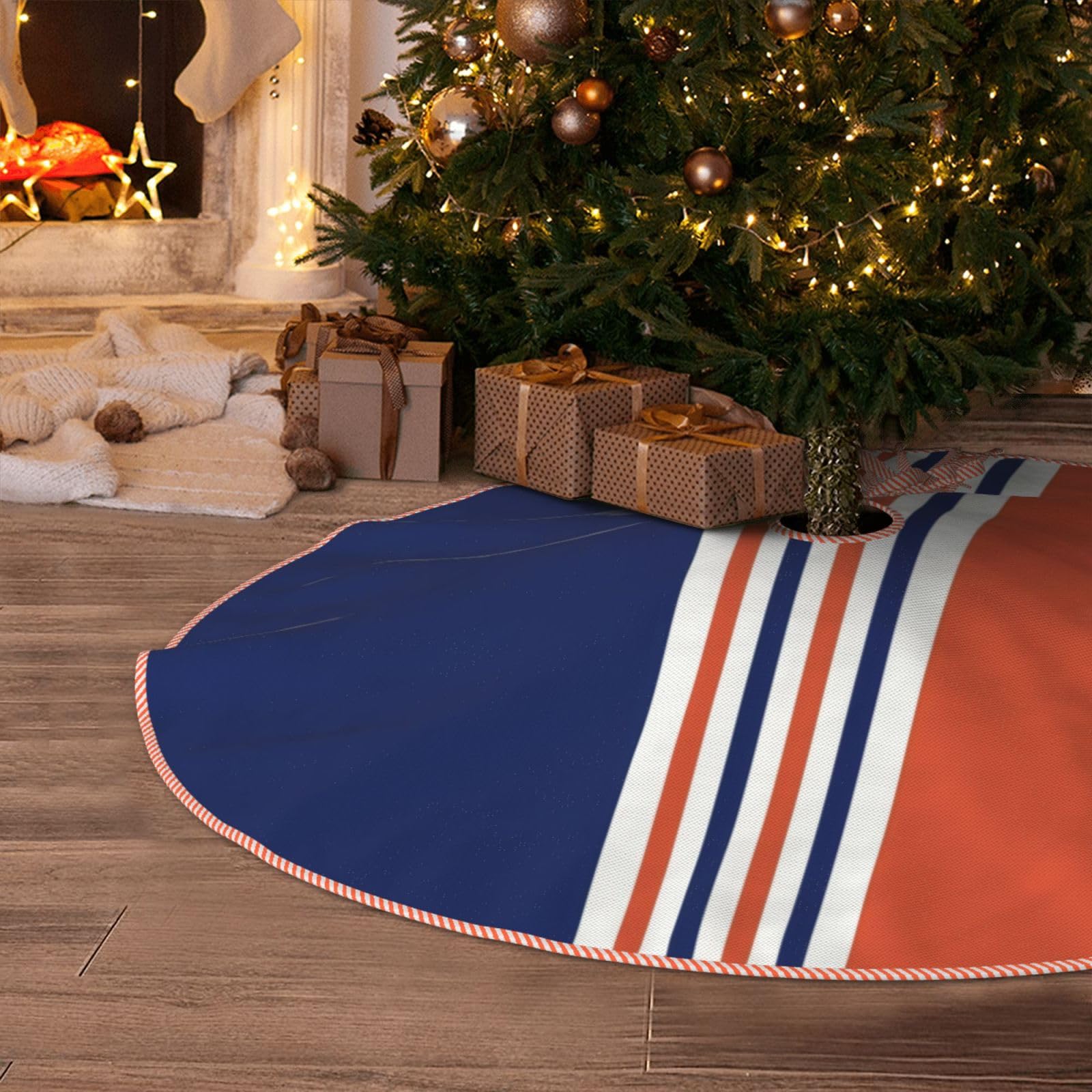 Christmas Tree Skirt 48" Navy Blue and Orange Stripes Faux Linen Rustic Xmas Tree Skirts Mat for Christmas New Year Holiday Party Decorations