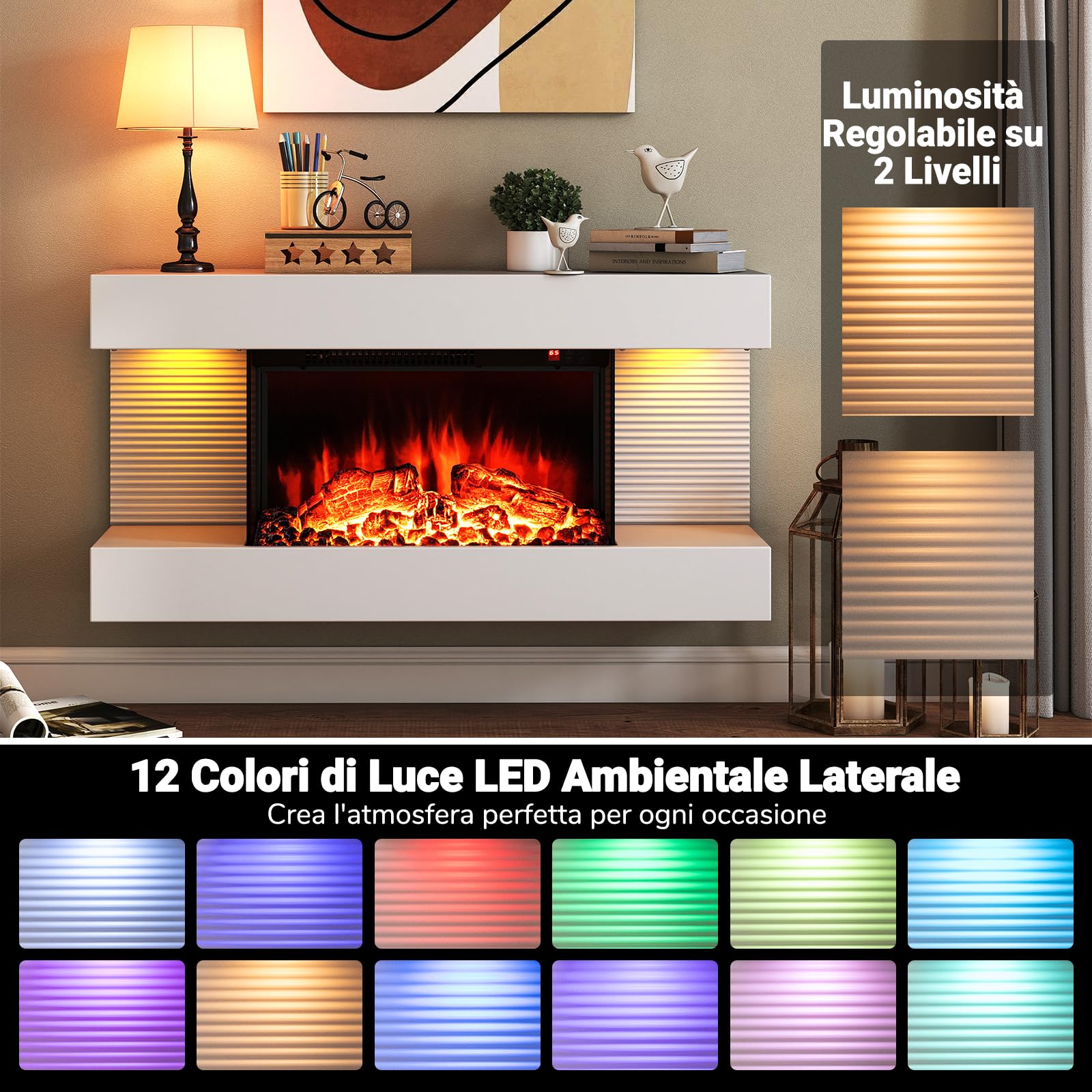 RELAX4LIFE Caminetto Elettrico da Parete con Mensola Fluttuante, Fiamma Multicolore e Luce Ambientale, Caminetto da 750W/1500W con Telecomando, Protezione da Surriscaldamento e Timer 8 Ore