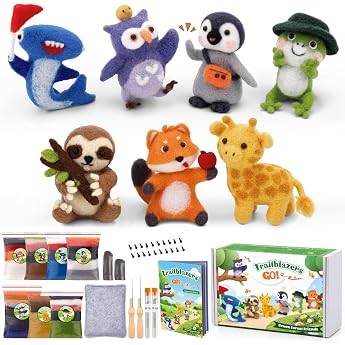 Namner Felting Starter Set for Adults 7 Cute Animal Motifs Made of Wool Includes Natural Wool Felting Needles Finger Cots and Video Instructions DIY Craft Kit for Beginners