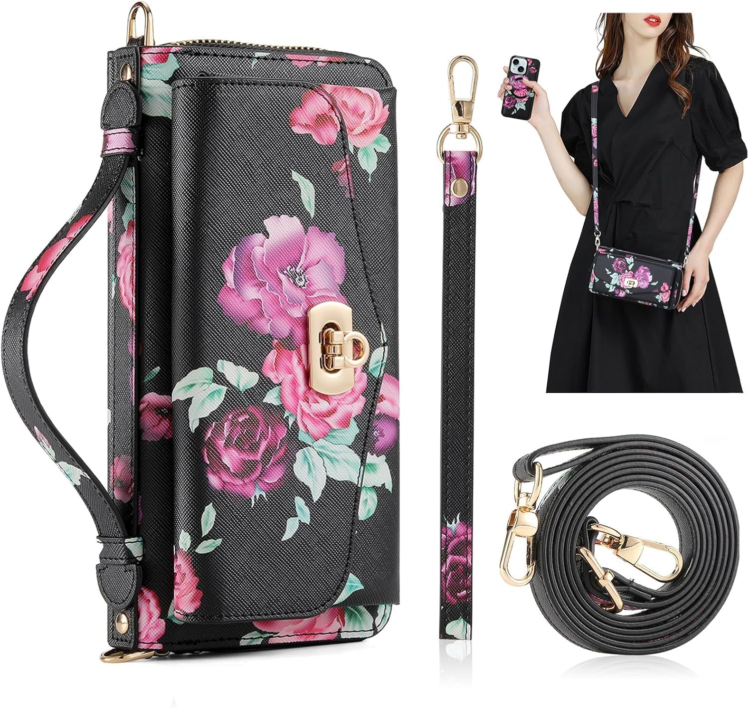 Wallet Case for iPhone 15 6.1 inch Crossbody Shoulder Strap Magnetic Detachable Floral PU Leather Wristlet Mirror Flip Zipper Purse Phone Cover for iPhone15 5G i i-Phone i15 15Case Girls Black