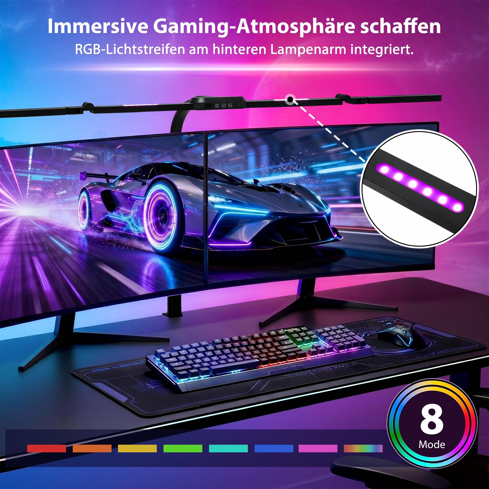 Schreibtischlampe mit RGB, 120cm LED Tischlampe mit Fernbedienung | Monitor Lampe klemmbar dimmbar für mehrere Monitore geeignet, Tageslichtlampe für Büro, Lesen, Architekten, Schneider