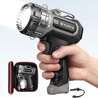 FORTO Compact Rechargeable Spotlight: 1400 Lumens, 823m Adjustable Focus Beam, IPX4 Waterproof w/ Stand for Hunting Camping Boating