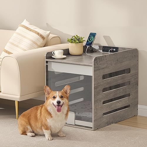 Feandrea Mueble moderno para perros con estación de carga, pequeña perrera interior con puerta acrílica oculta abatible, para perros pequeños y