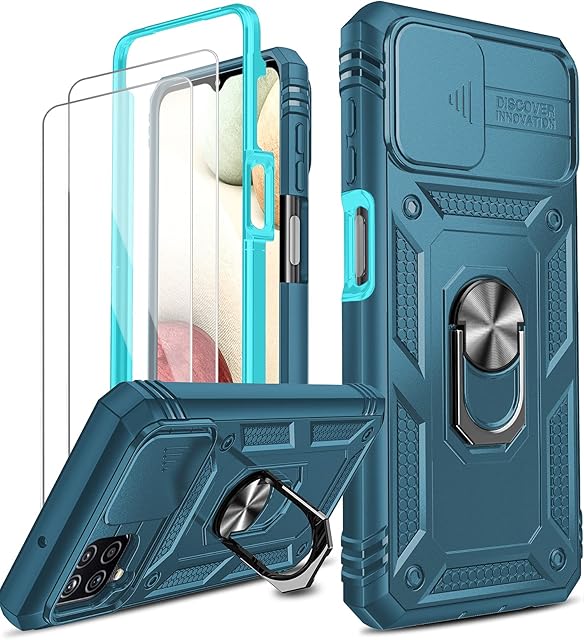 LeYi for Samsung Galaxy A12 5G/M12 Case and 2 Tempered Glass Screen Protector with Slide Camera Cover, Ring Holder Full Body Protective Heavy Duty Shockproof Silicone Tough Armour Phone Case,Sea Blue