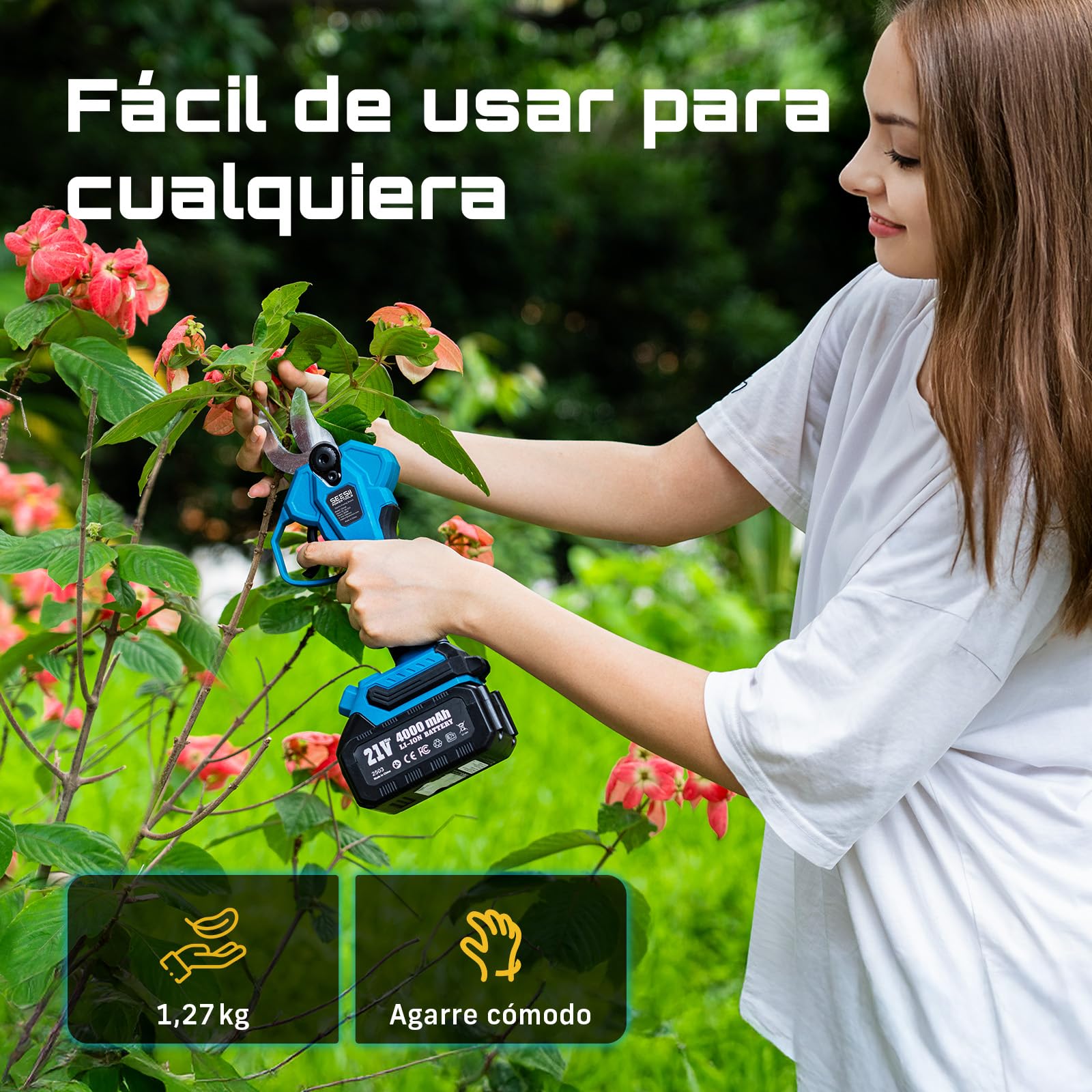 SEESII Tijeras de Podar Eléctricas 40 mm – Tijeras de Podar Batería con 2 * 4000 mAh, Hoja SK5, Motor sin Escobillas, Pantalla LCD para Jardinería, Paisajismo y Huertos, CS440