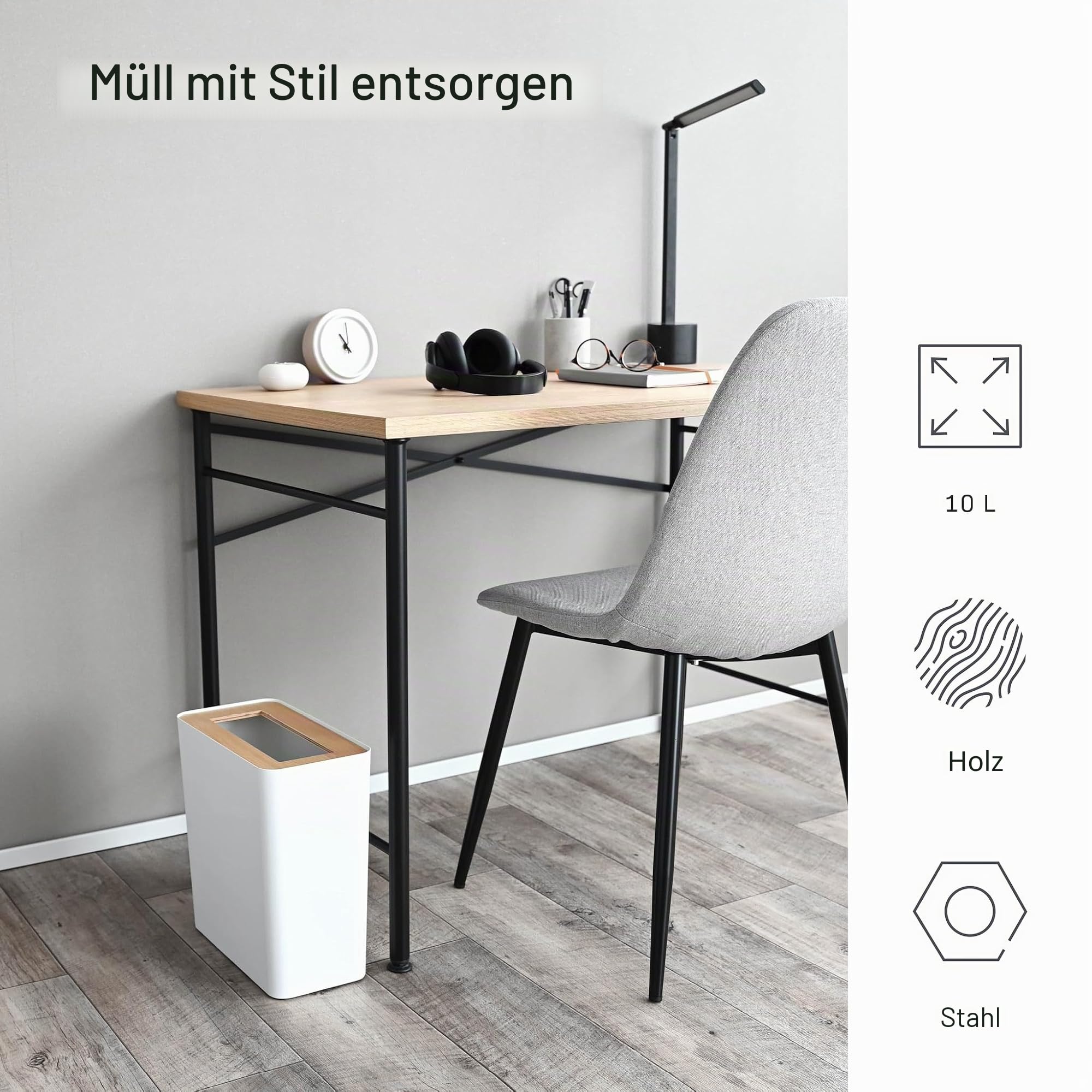YAMAZAKI Rin Papierkorb, weiß | Stahl / Holz, 10 L, Metallring im Inneren, Verstäckt Mülltüten, 15 x 28 x 30 cm, Japanisches Design