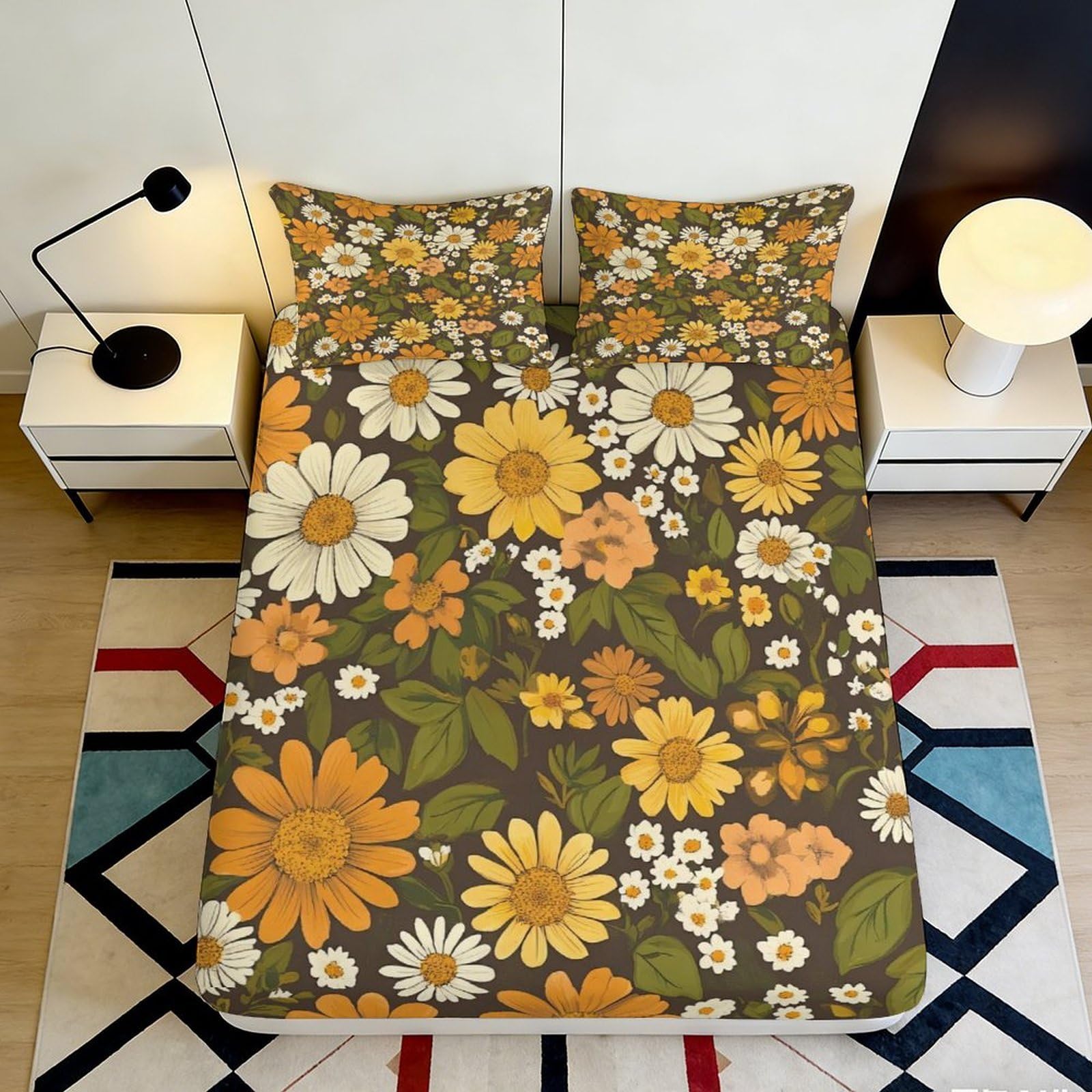 3D Printed Retro Floral Fitted Sheet Microfiber Soft Breathable Sunflower Daisy Mattress Cover for Bedroom Dorm Decor 90x200x25cm