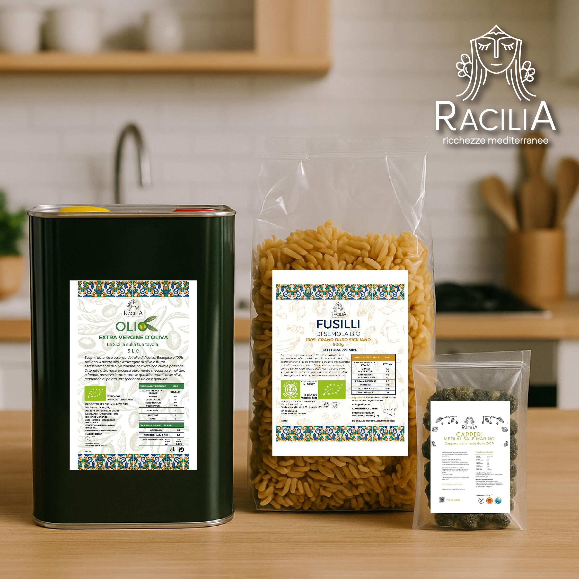 RACILIA Alcaparras Medianas Bajo Sal DOP Islas Eolias - Elaboración Artesanal Siciliana 100% Italianas - Sin Gluten - 1kg