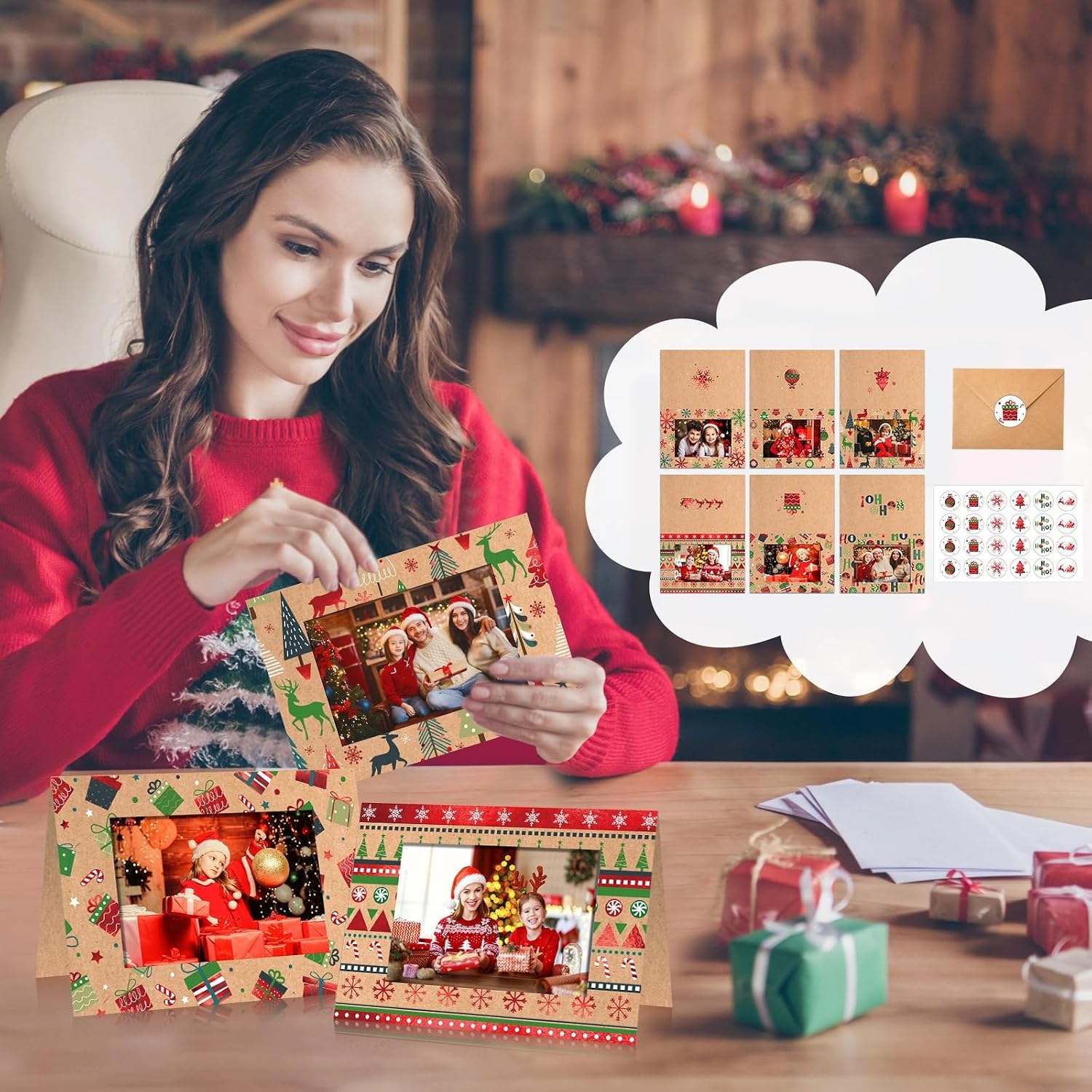 Mooliwe 200 Sets Christmas Photo Cards with Envelopes Stickers Christmas Cards with 4 x 6 Photo Insert Picture Frame Holders for Xmas Holiday Greeting Supplies(Classic, Brown)
