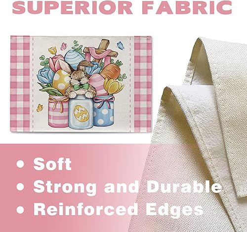 Miniatura 3 de Croar Juego de 4 manteles individuales con tarro de masón de Pascua, diseño religioso de conejo, huevos de conejo, zanahoria y tulipán, decoración