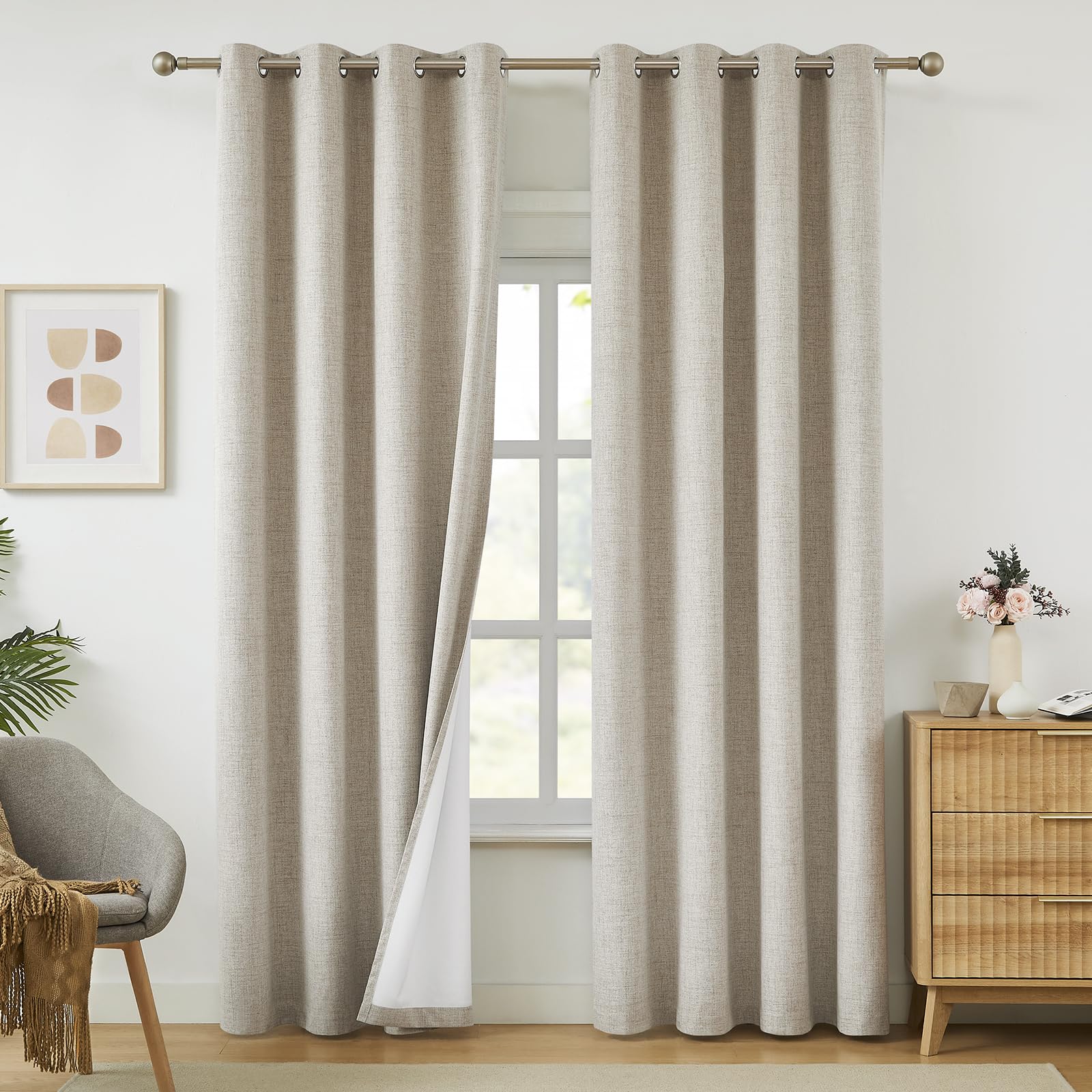 Melodieux Rideaux occultants élégants extra longs en toile de jute naturelle à isolation thermique avec œillets pour salon, style ferme, 132,1 x 274,3 cm, beige (2 panneaux)
