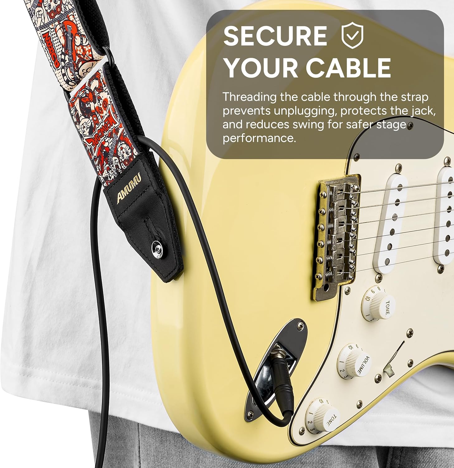 Amumu 2'' Meowcore Guitar Strap – Cat Rock Print with Top-Grain Leather Ends & Quick-Fetch Pick Holder – for Acoustic, Electric, Bass Guitars – Adjustable 37''-63''