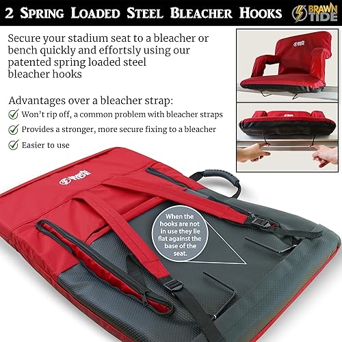 Miniatura 5 de BRAWNTIDE Asiento de estadio con soporte trasero, paquete de 2, cojines cómodos, relleno grueso, 2 ganchos de acero para gradas, eventos deportivos,