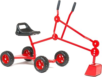 Sandbox Digger Toy Excavator with Wheels- Foldable Playground Equipment for Outdoor Play w/No-Bend, No-Pinch Heavy Duty Metal Ride On Sand Construction Backhoe Fun (Ages 4-12) (red)