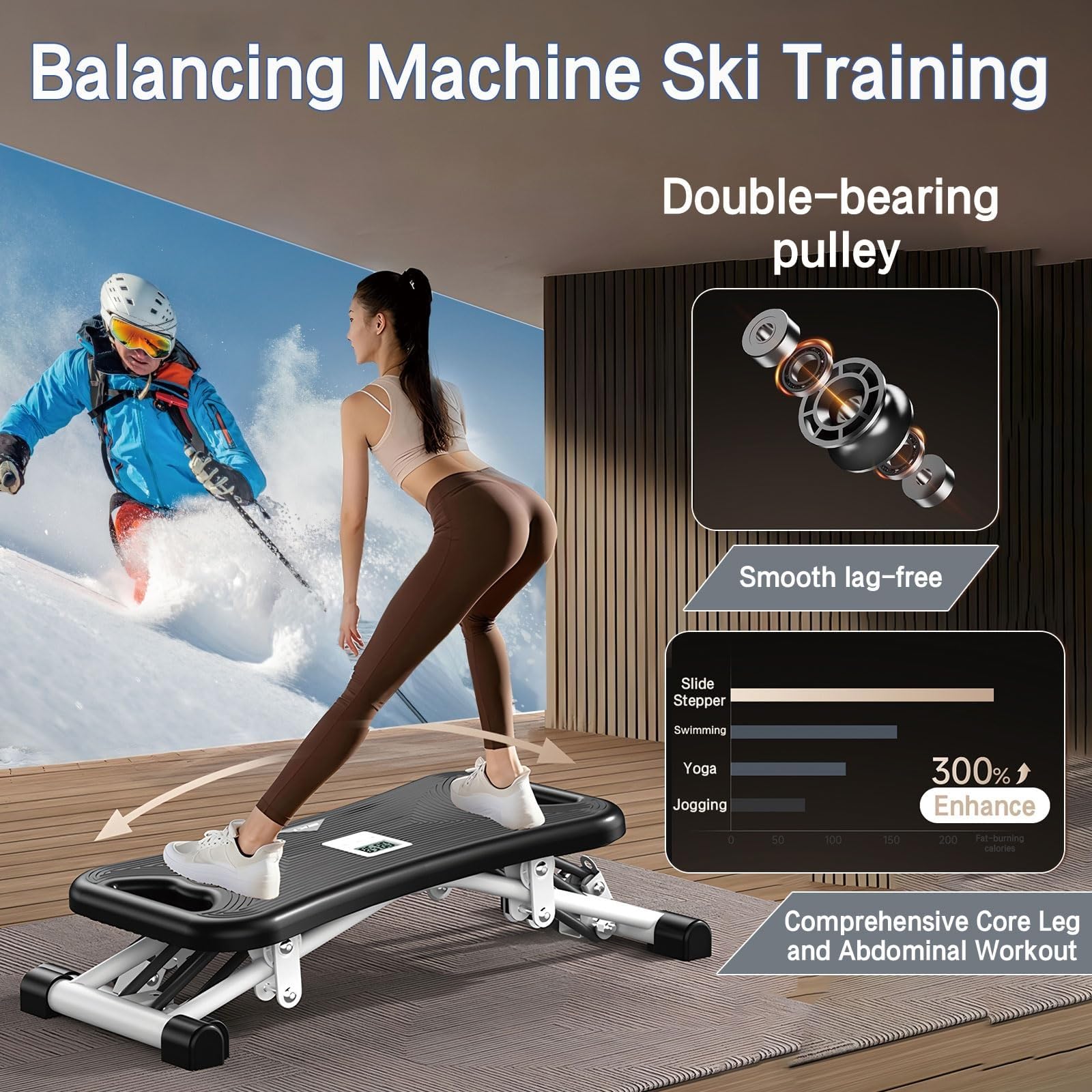 Slide Stepper Balance Board z taśmami oporowymi – podstawowy trener do treningów domowych, sprzęt do ćwiczeń całego ciała z monitorem LCD, regulowane poziomy i duża pojemność