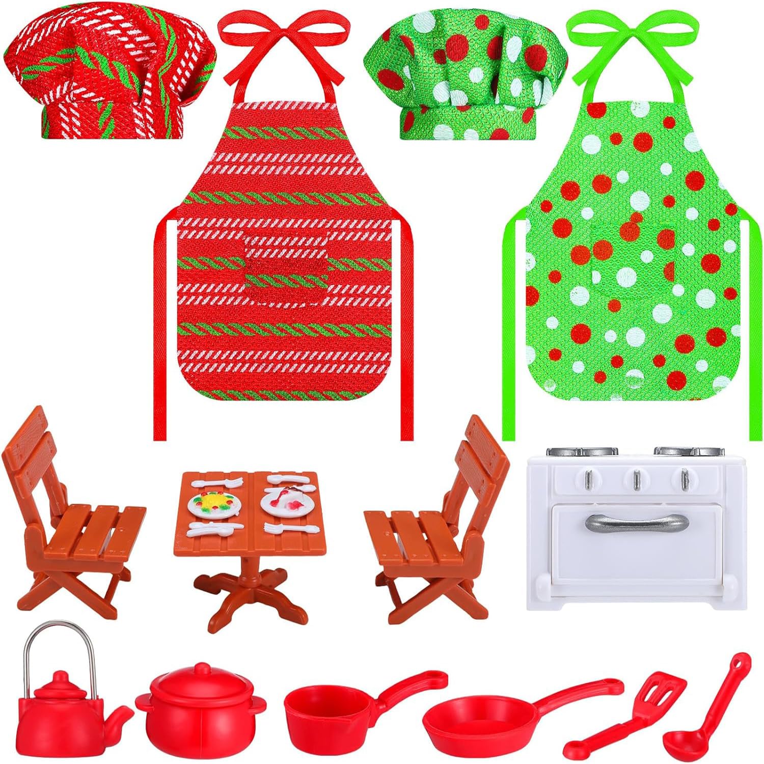 EKKONG Accessoires De Cuisine Pour Poupée Elfe – 16 Pièces – Tabliers, Toques, Ustensiles – Jeu D’imitation – Cadeau De Noël – Pour Maison De Poupée