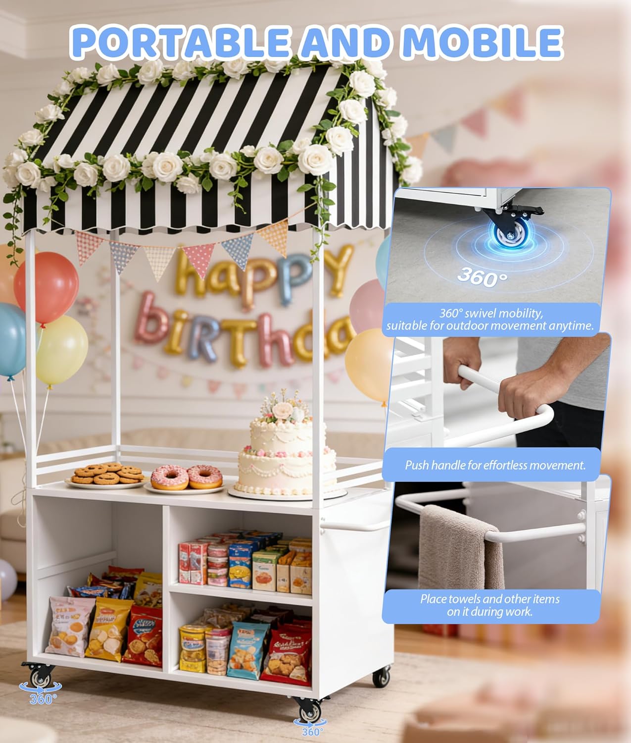 Portable Candy Cart with Canopy, 77in Tall Outdoor Food Cart 3 Drawers & Storage Cabinet 360° Large Wheels Heavy Duty Utility Cart for Party Concession Business (Small Wheel)