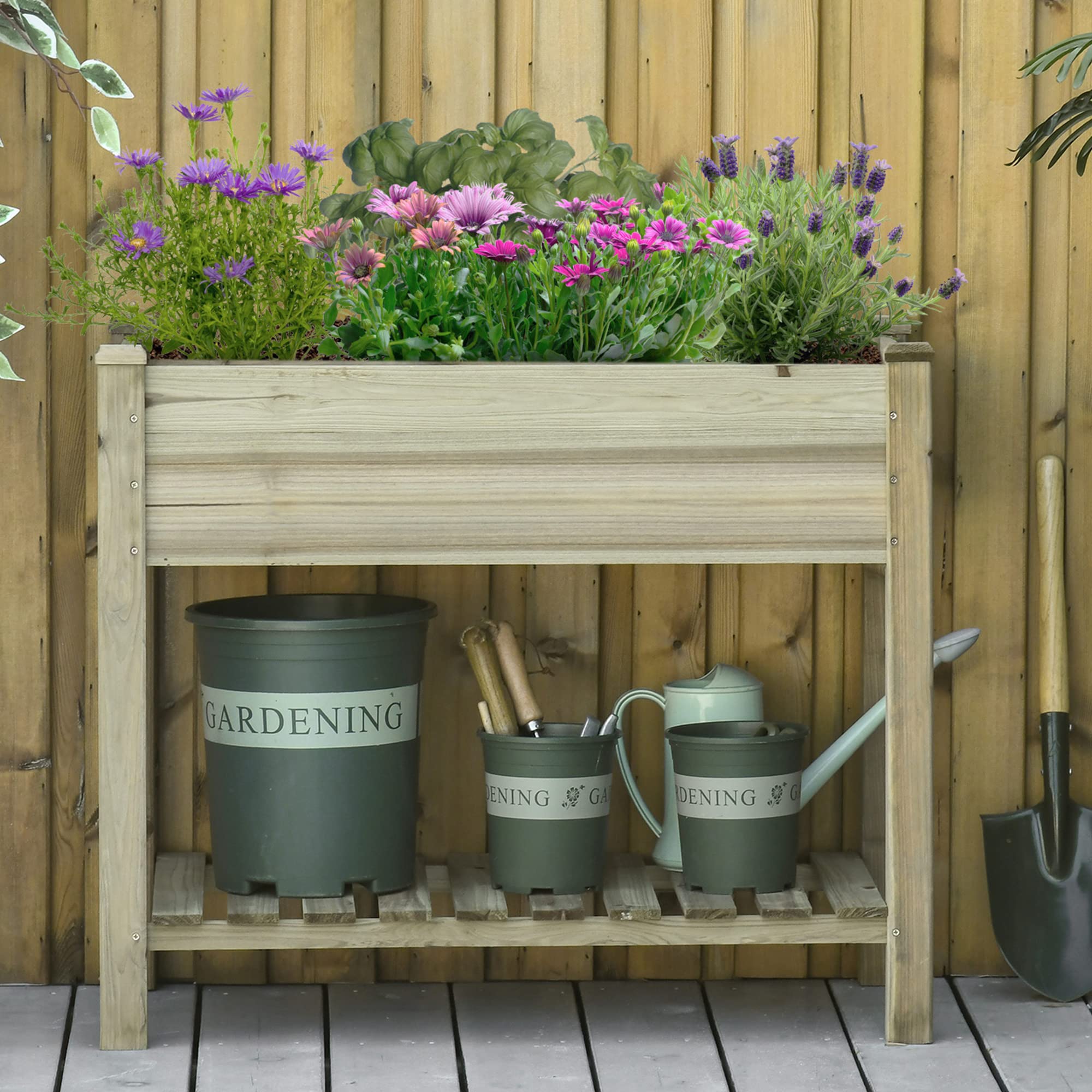 Outsunny Letto per Orto Rialzato in Legno con Ripiano Inferiore, Fioriera da Esterno Portapiante per Giardino e Balcone, 91x51x76cm