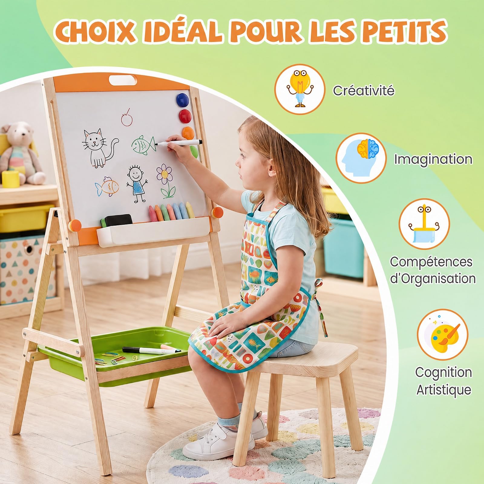 COSTWAY Tableau Enfant Double Face Pliable en Bois avec Hauteur Réglable