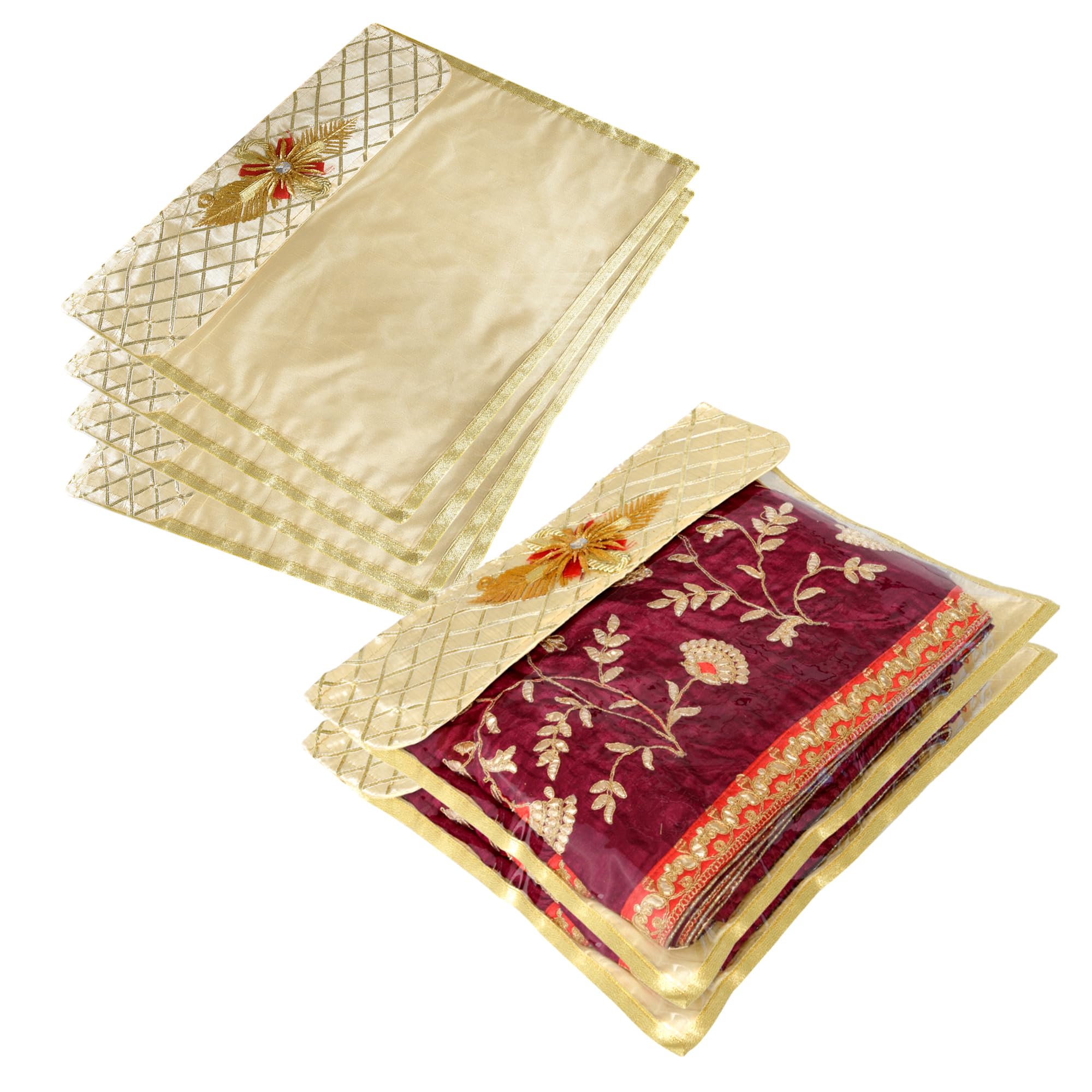 Kuber Industries Saree Cover | Kleideraufbewahrungstasche | Einzelverpackung Sari mit Klettverschluss | Kleiderschrank-Organizer | Stoffaufbewahrung | Kariertes Jama-Broschen-Design | 6 Stück | Golden