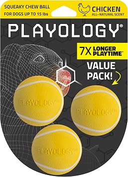 Playology Squeaky Chew Ball Dog Toy - Small, Chicken Scent, 3-Pack | Floating, Bouncy Fetch Toy, All Breeds, Indoor Outdoor Use, Non Toxic, Dishwasher Safe