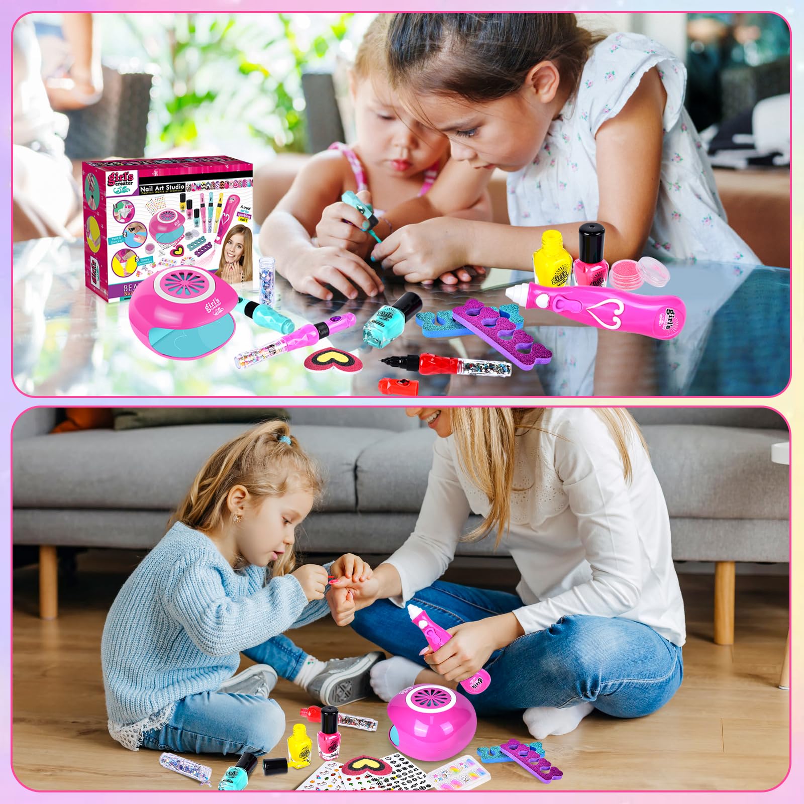 Herenear Set Manicura Niñas, Esmalte de Uñas Secador de Uñas, Juguetes Kit Uñas Niñas, Pegatinas de Uñas Juego Cumpleaños Regalo para Niños Niñas 5 6 7 8 9 10 11 12 Años
