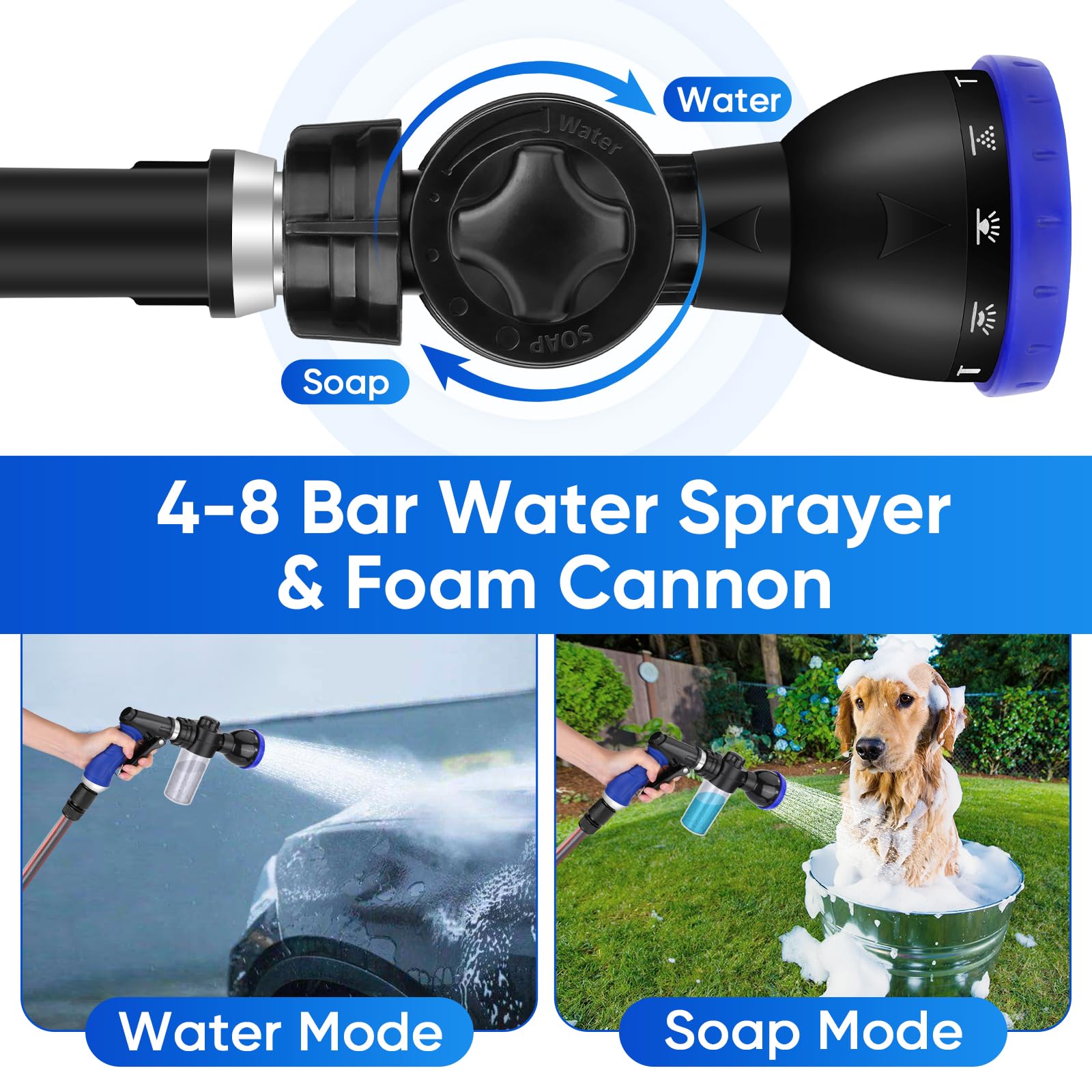 Pet Bathing Sprayer Kit,10 Spray Patterns, Adjustable Hose Wash Sprayer with 4 to 8 Bars Foam Blaster,Suitable for Pet Washing, Car Cleaning and Garden Use with 1/2” Quick Connector - image 5
