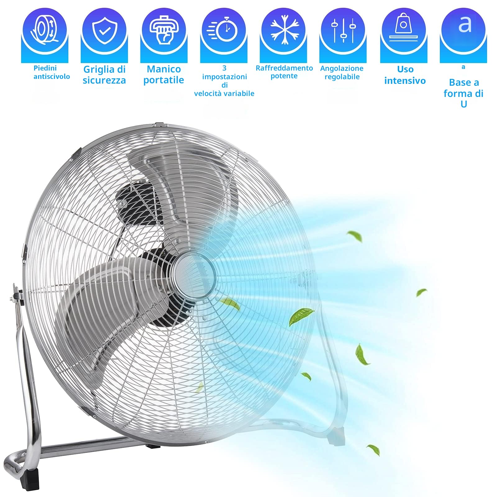 Senelux Ventilatore da pavimento, cromato da palestra, ventilatore da, elettrico portatile, per uso domestico/palestra/ufficio, 3 impostazioni di velocità con funzione di inclinazione