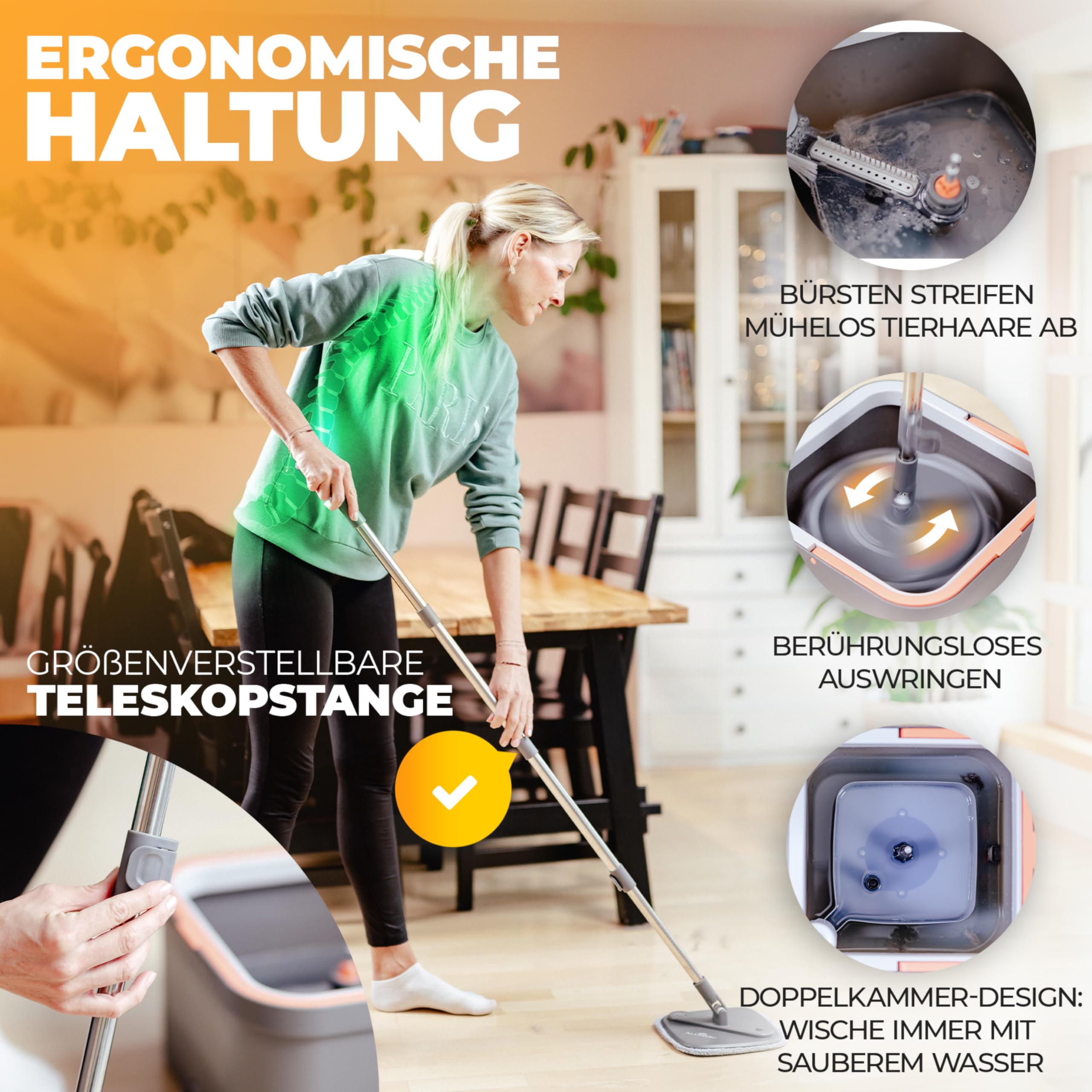 Wischmopp Set mit Eimer, 2-Kammer-System & 2 Mikrofaser-Pads, Flachmopp Bodenwischer mit Edelstahlstiel & Auswringfunktion, Nass- und Trockenmopp für Home & Bodenreinigung, Grau – ALANBERG®
