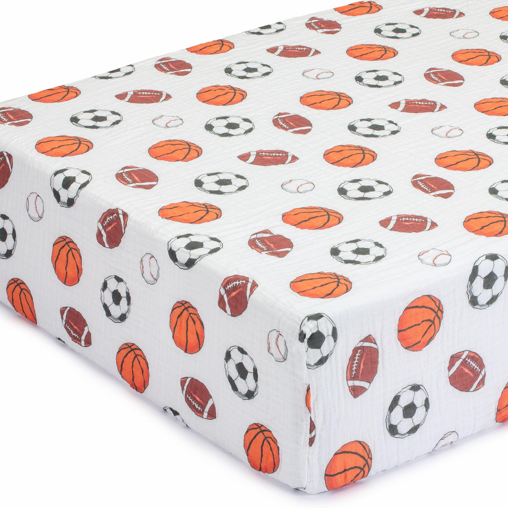 LollyBanks Fitted Crib Sheet 1 Pack, Soft and Breathable 100% Cotton Muslin Sheets for Baby Boys, Cozy Snug Fit Crib Bed Sheets for Standard 52"x28" Mattress, Baby Essentials (Sports Print)