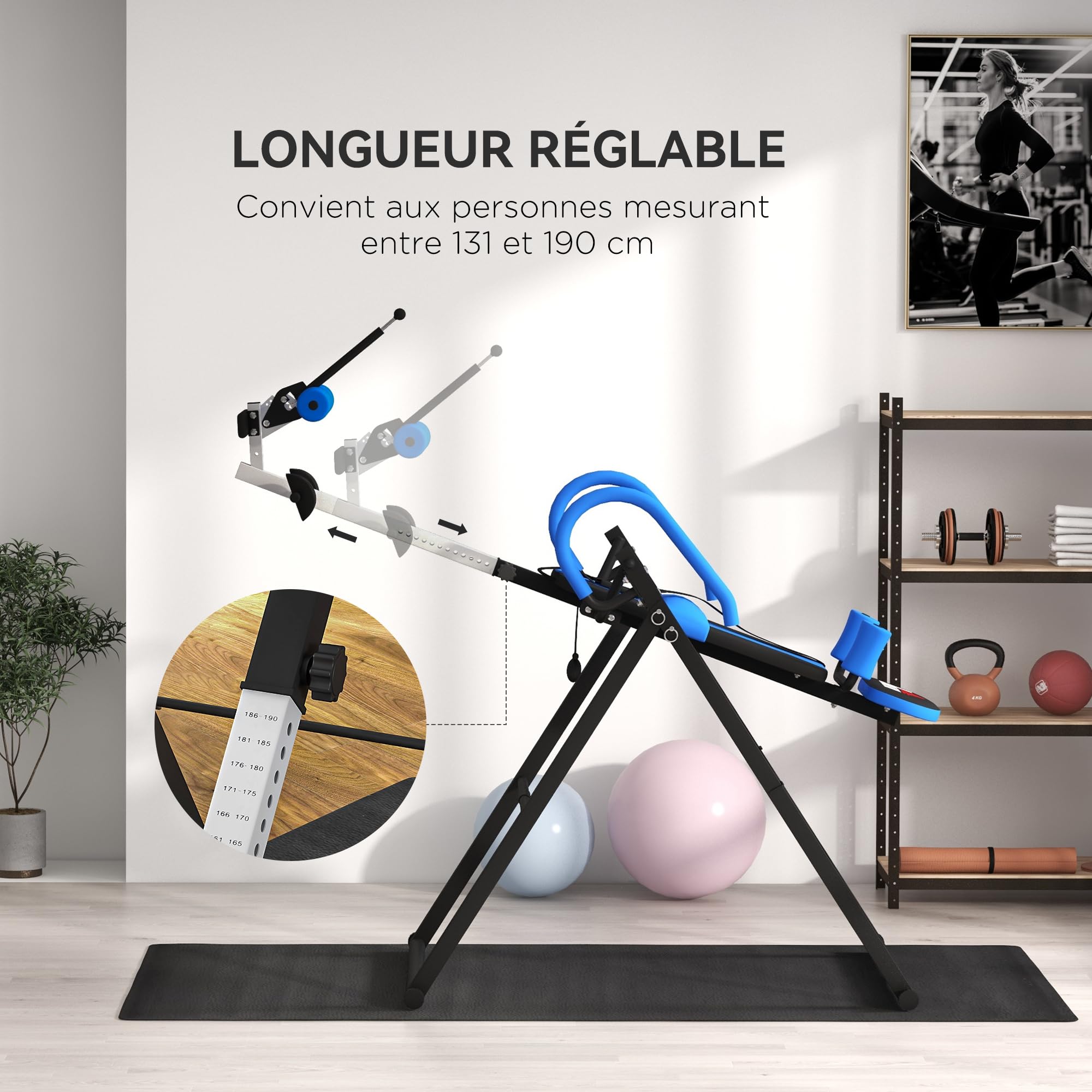 HOMCOM Table d'inversion de Musculation Pliable Ceinture de sécurité réglable Angle inversé Ajustable 3 Niveaux Acier Bleu Noir