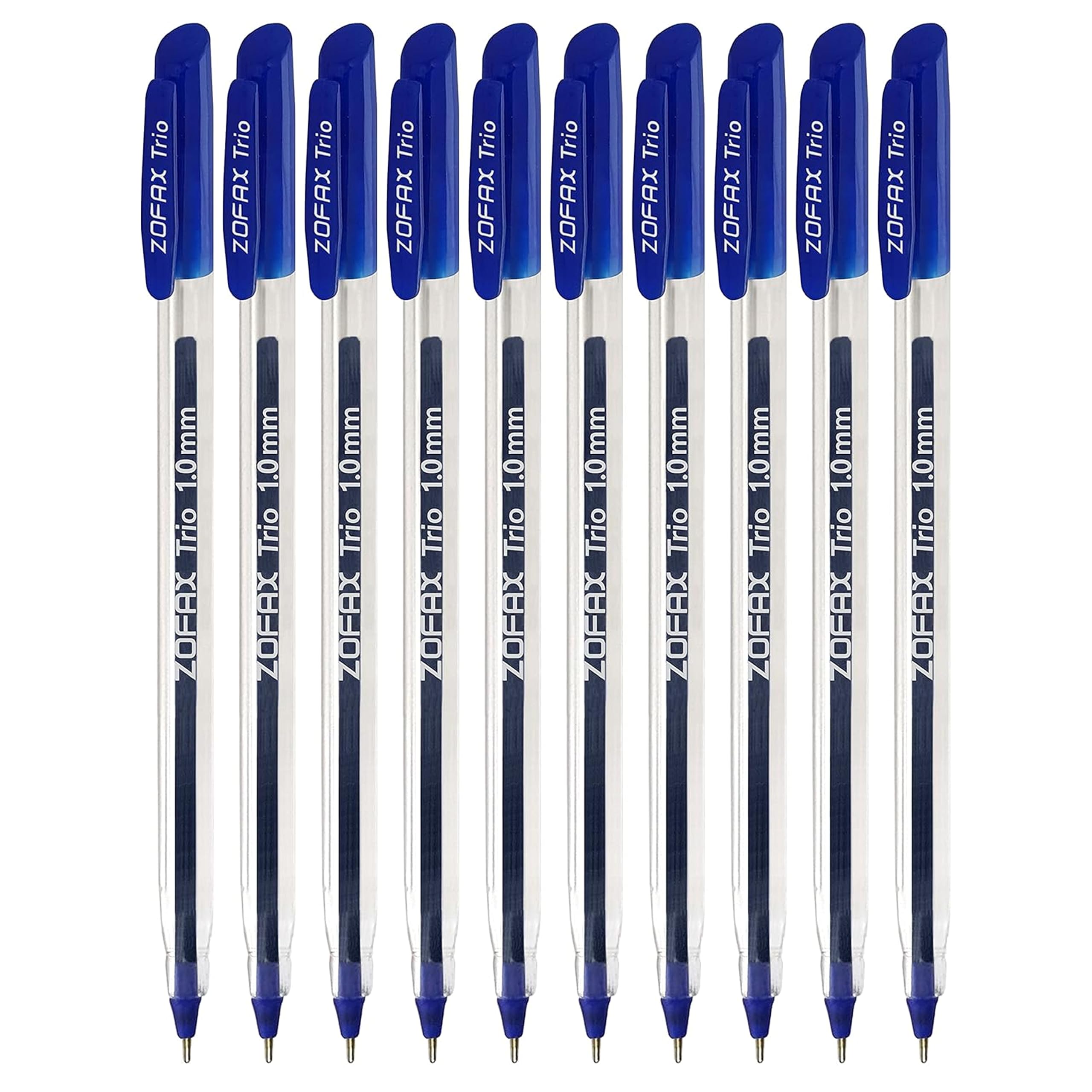 ZOFAX Trio Ballpoint Pens, BLUE, Medium Point (1.0mm), Pack of 50, Perfect for Triangular Grip, Smooth Writing, Ideal for Office School Home Business Use