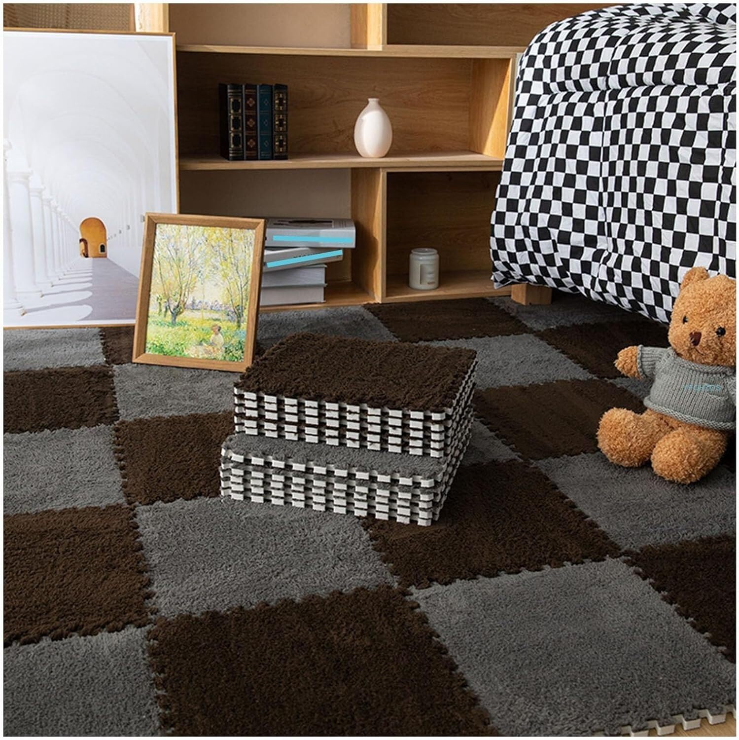 LoiYtrd 10pcs Plush Foam Interlocking Floor Mat DIY Cuttable Foam Mat Tiles 30x30x1cm Fuzzy Carpet Tiles(Gray+Dark Brown)