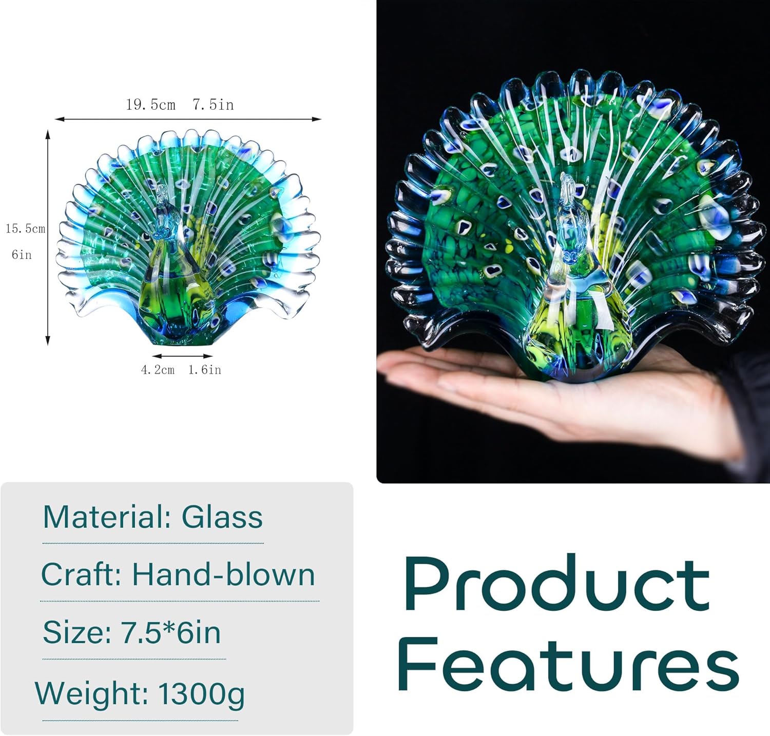 Crystalsuncatcher Hand Blown Glass Peacock Figurines Collectible Gift for Women Glass Art Animal Sculpture for Home Table Decorations (7.5in,Green) - Image 3
