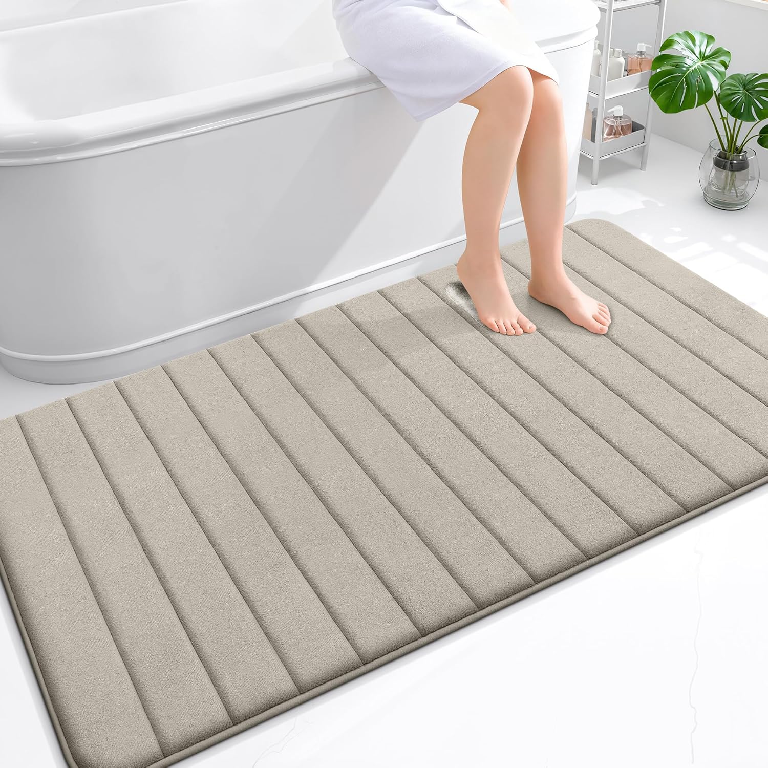 OLANLY Memory Foam Bath Mat 59x35, Super Soft Absorbent Bathroom Rugs, Quick Dry, Machine Washable Shower Floor Rugs, Bathmat Carpet, Bathroom Home Decor Accessories, Warm Taupe