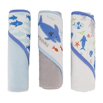Cudlie Buttons & Stitches Baby Boy 3 Pack Rolled/Carded Hooded Towels in Jawsome Print GS71723