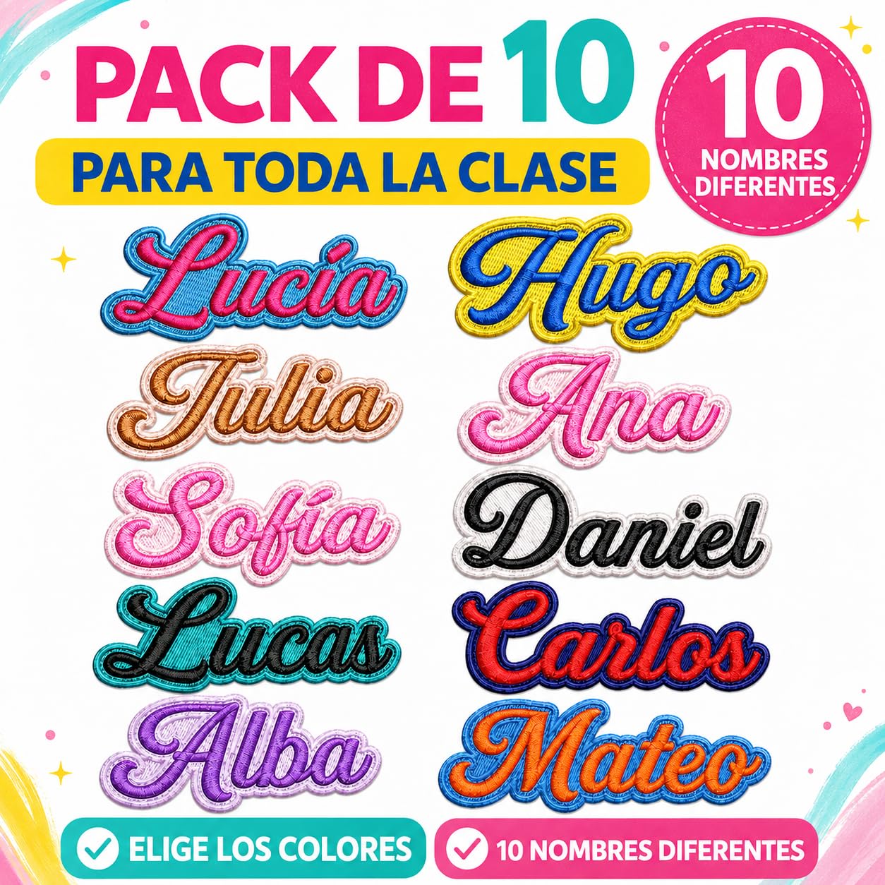 Pack 10 Parches Bordados Personalizados con Nombre para Mochila, batas, colegios, profesionales, diez nombres diferentes