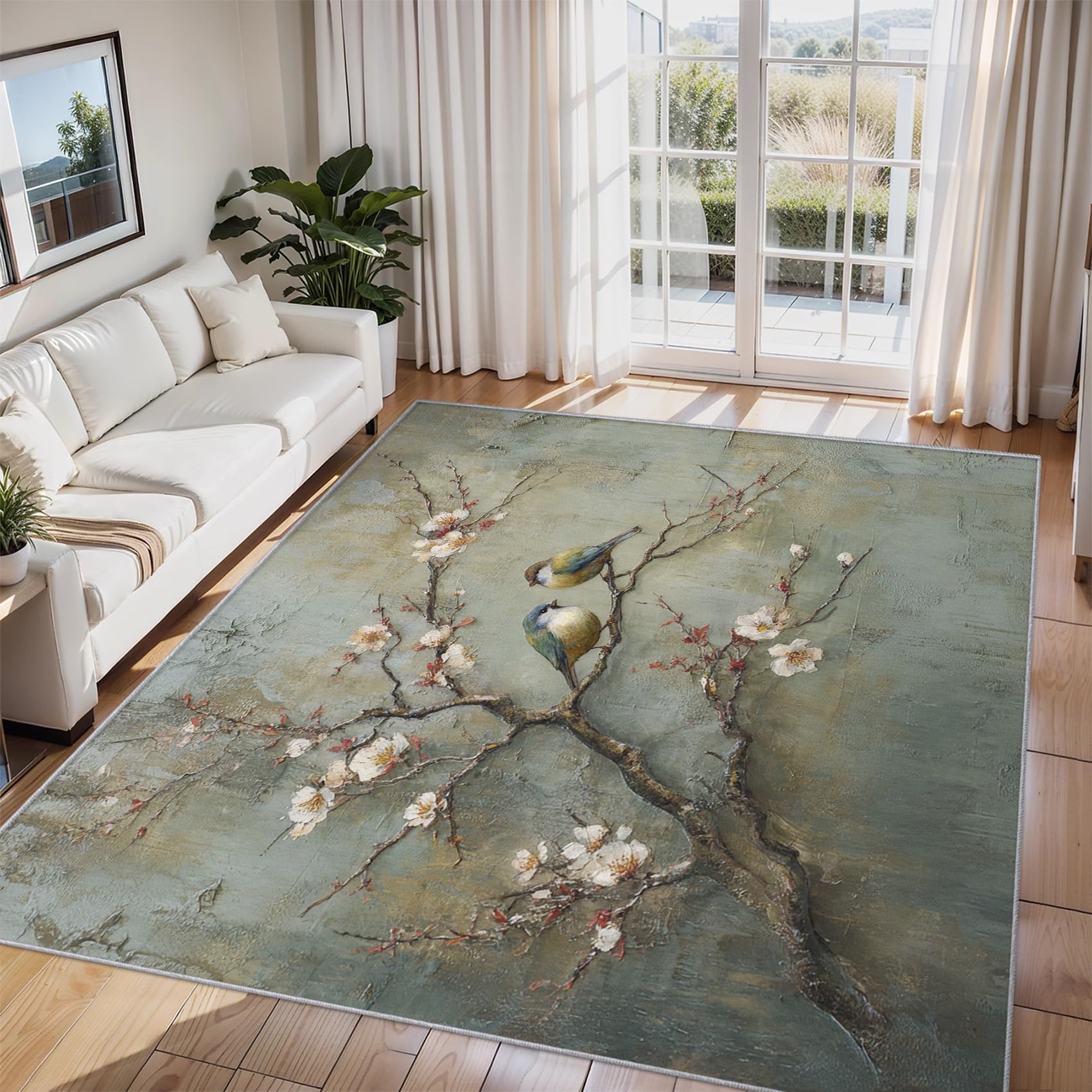 Vintage Floral Bird Rugs Living Room Large 160x230, Bird And Flowers Area Rugs for Bedroom Accessories, Non Slip Soft Low Pile Washable Carpet, Home Decor FL139