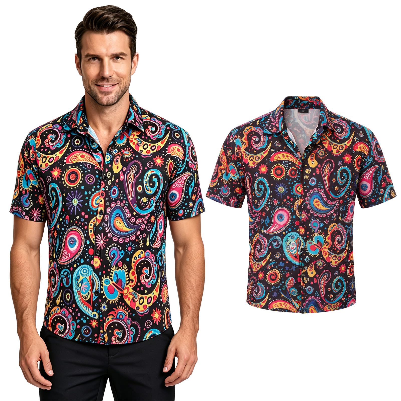 Crubelon Men's Sequin Short Sleeve Shirt Retro Disco Party Shirt Shiny Stage Performance Top for 70s Theme Events (Multicolor Paisley, M)