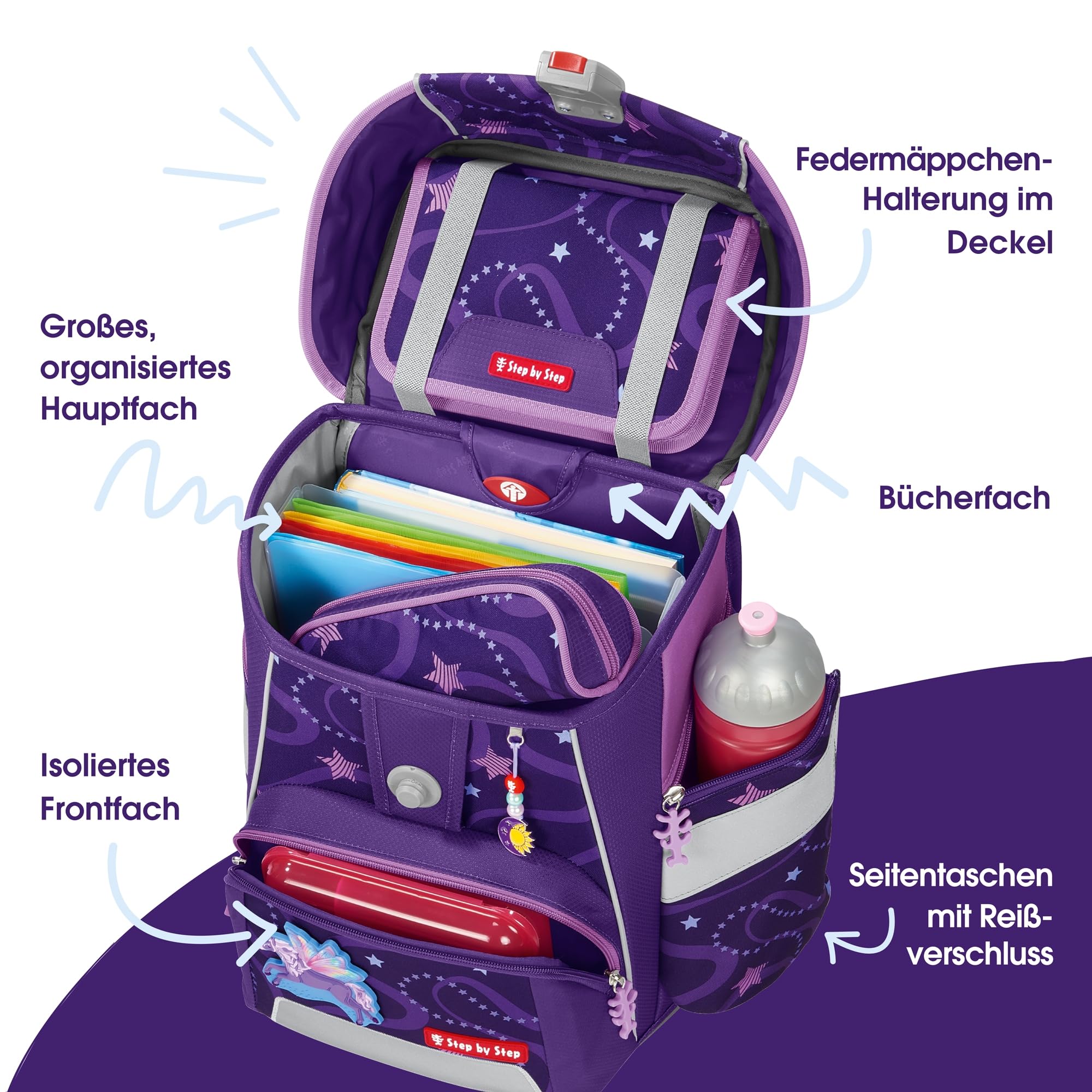 Step by Step Tornister szkolny Space, 5-częściowy, ergonomiczny tornister z odblaskami, regulacja wysokości z paskiem biodrowym, od 1. klasy, 20 l, Pegasus Emily - fioletowy, Rozmiar uniwersalny