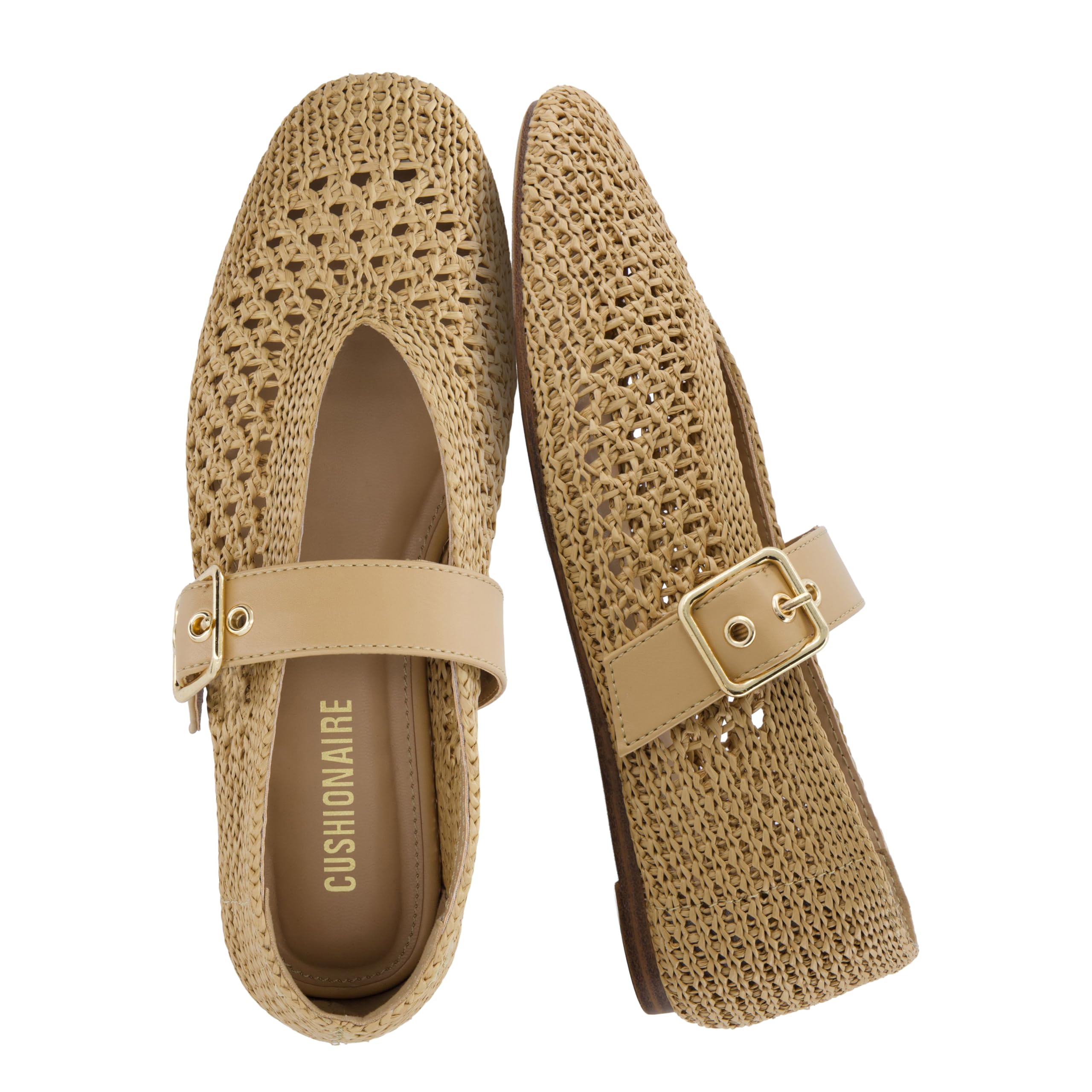 CUSHIONAIRE Gabby Woven Mary Jane Ballet Flats for Women, Comfortable Dressy Flat Shoes with Adjustable Gold-Tone Buckle and Memory Foam Cushioning