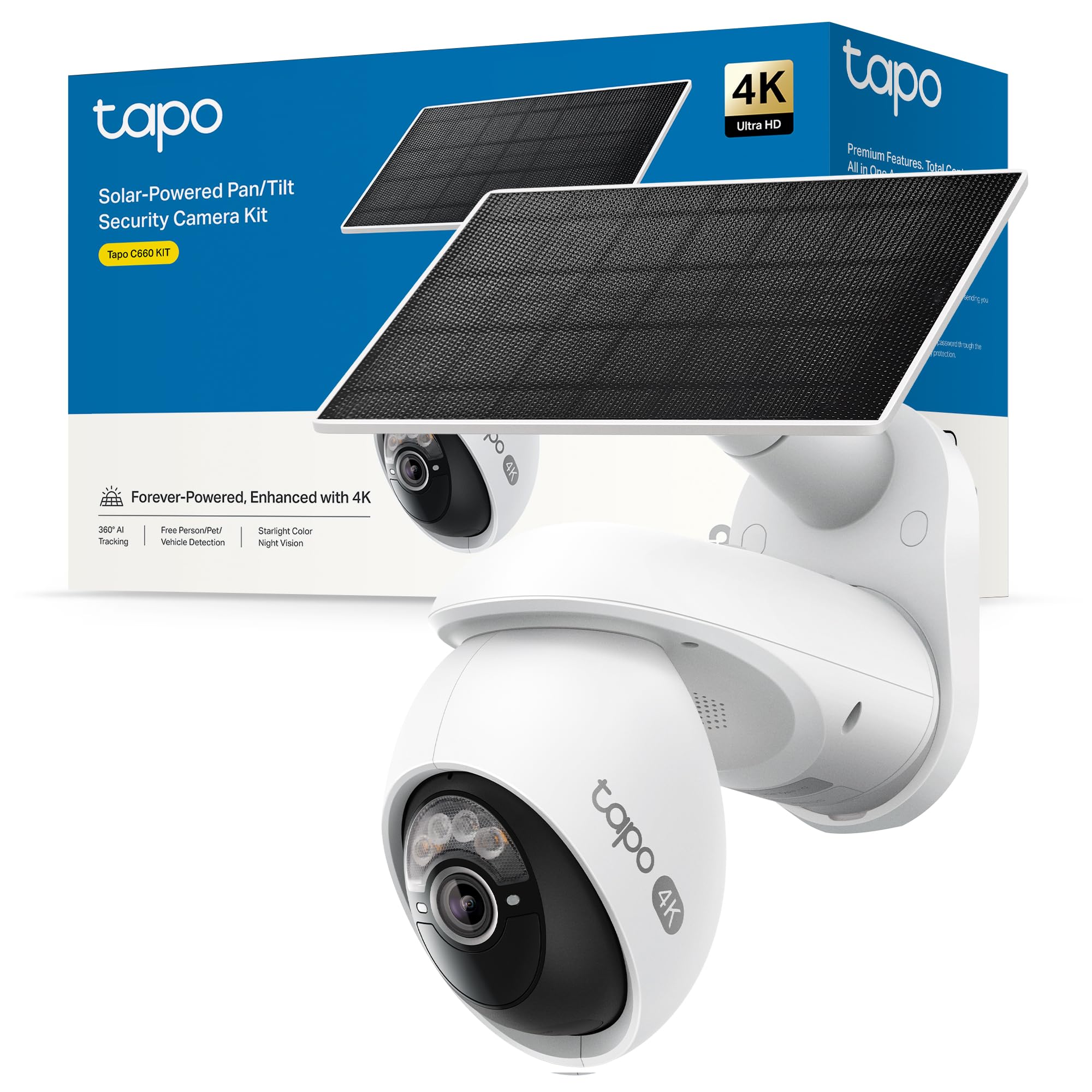 Tapo C660 Kit - Cámara de Seguridad WiFi 4K 8MP, Pan/Tilt 360°, Zoom Digital 18×, Visión Nocturna Color Starlight, Panel Solar, Batería 10 000mAh, Detección IA Gratuita, IP65