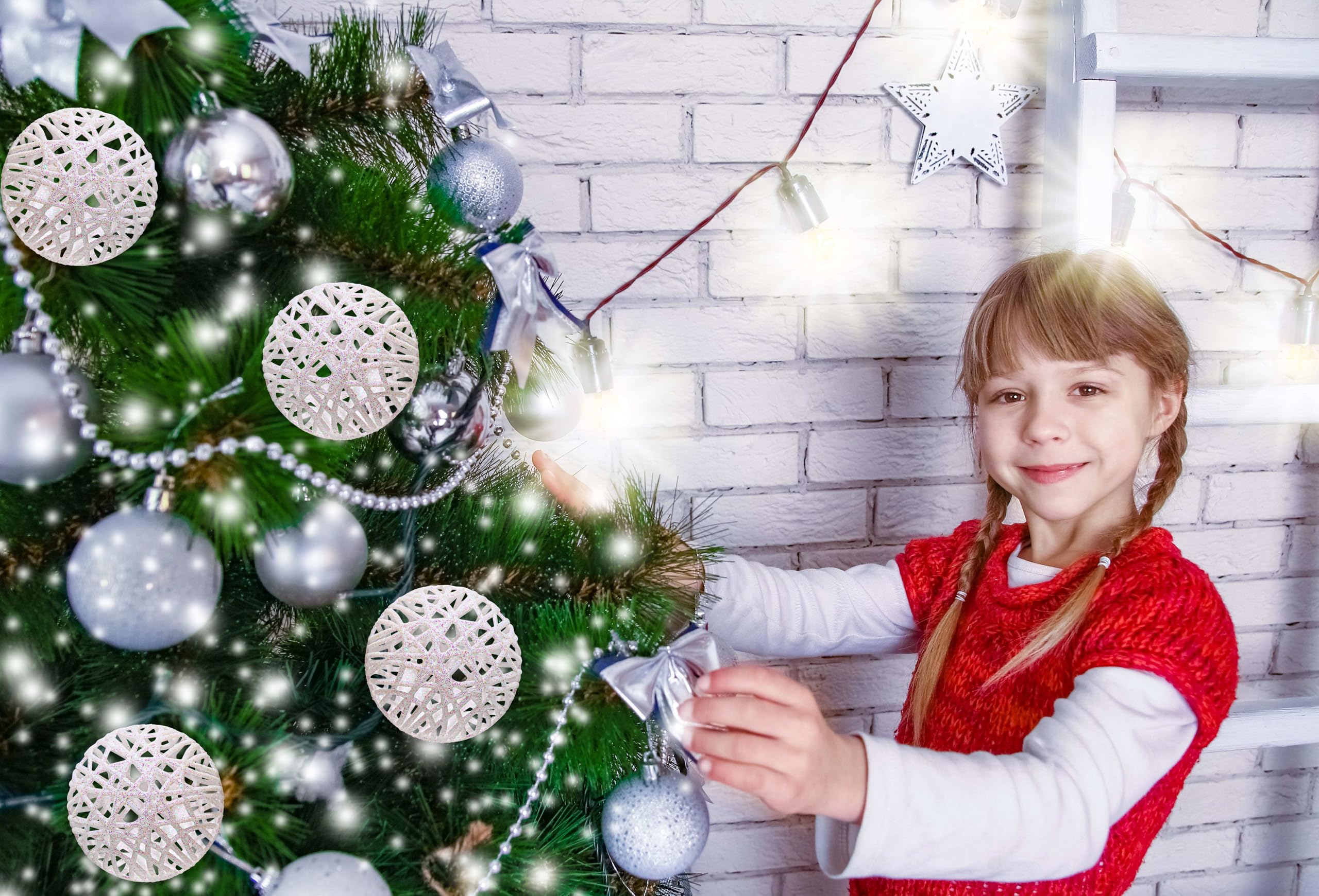 Christmas Traditions Adornos de bola de ratán blanco iridiscente con purpurina de 4 pulgadas (juego de 6) (blanco iridiscente), tamaño grande