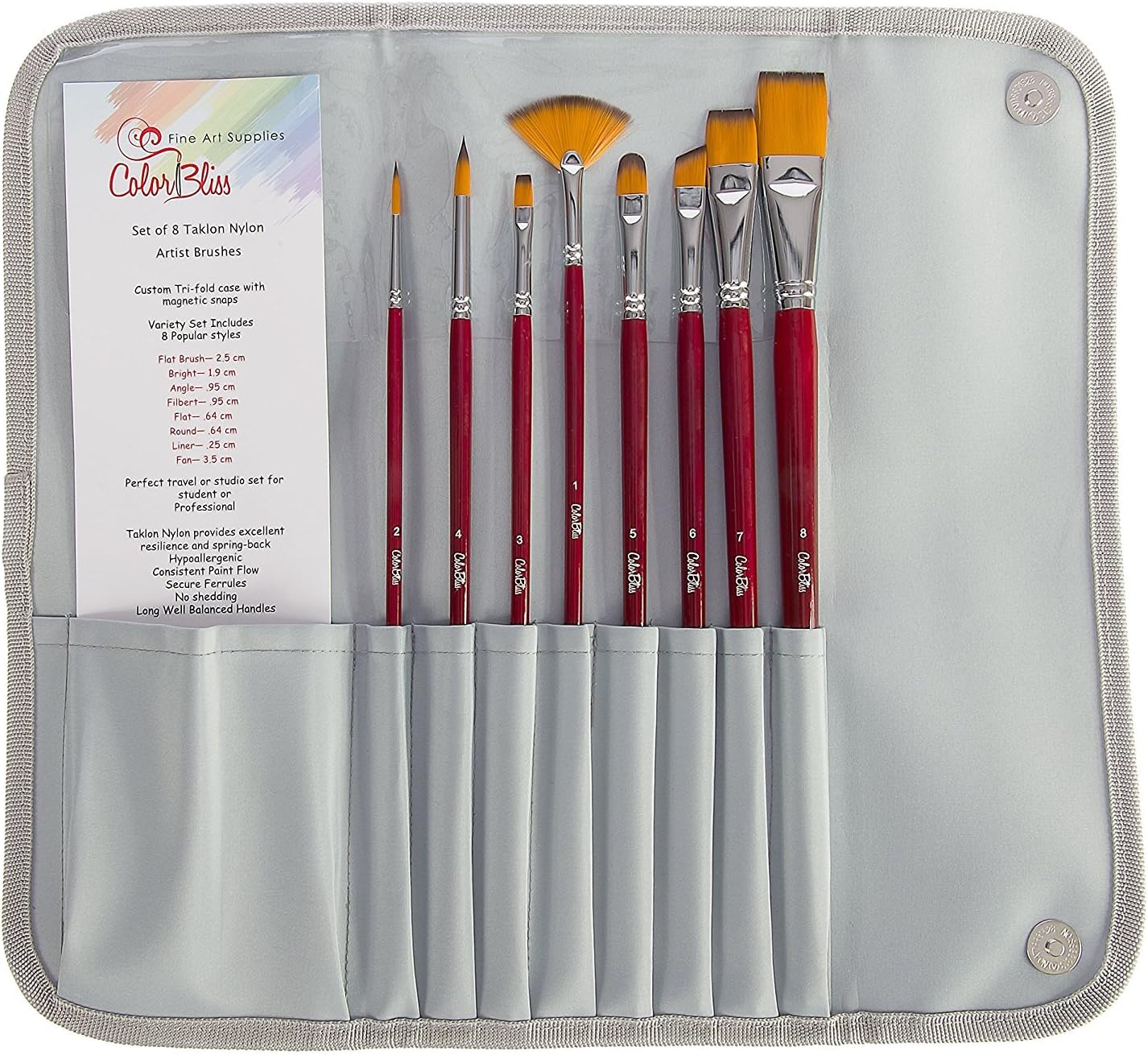 ColorBliss-Artist Paint Brush Set of 8 Styles-Carry Case-Golden Nylon Bristles-Create with Oils-Acrylic Painting Media-Watercolors-Gouache-Face Painting-Art Student or Professional-Long Handles