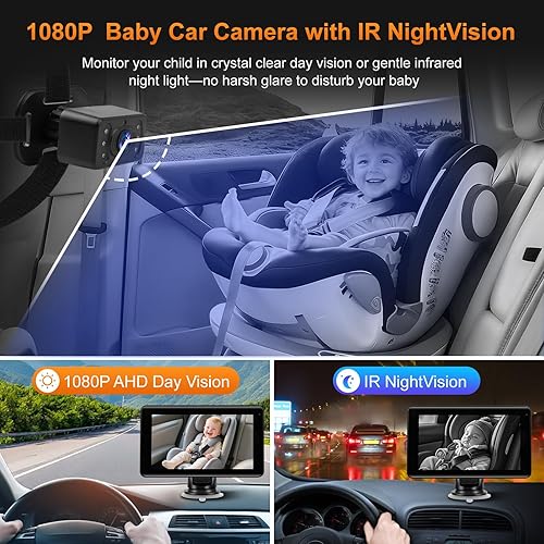 Miniatura 3 de Pantalla inalámbrica CarPlay de 7 pulgadas con cámara de coche para bebé, Apple CarPlay y Android Auto, visión nocturna IR 1080P, pantalla táctil HD