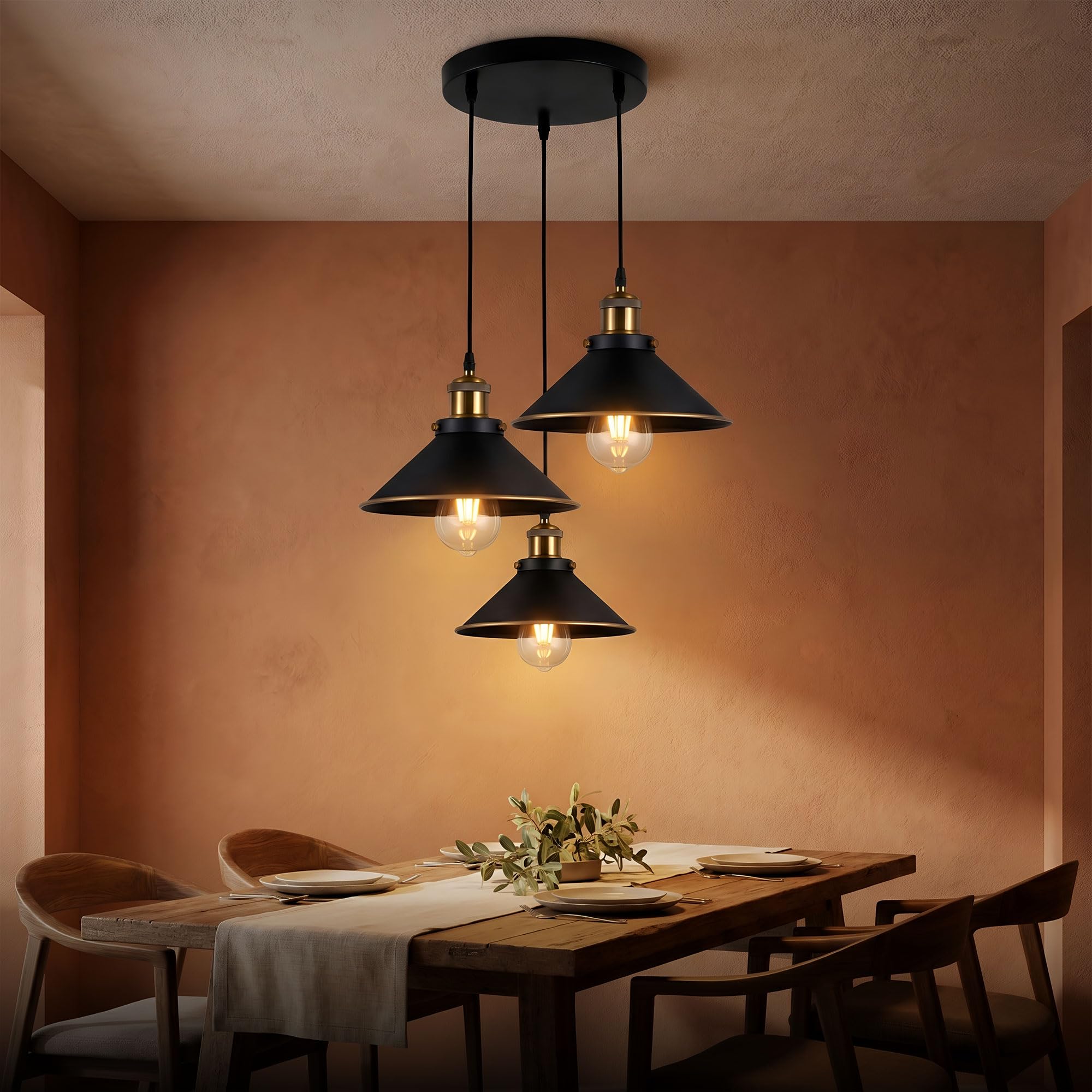 LEDSone Nowoczesna lampa wisząca w stylu vintage z 3 głowicami, płaska, w kształcie stożka, wisząca lampa sufitowa z regulowanym kablem do kuchni, na wyspę, do salonu, jadalni (3 głowice)